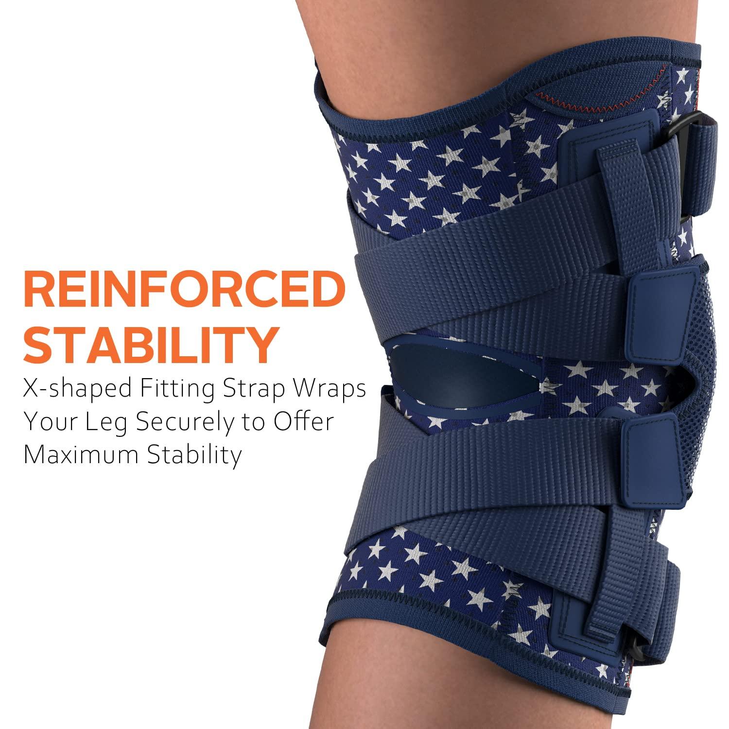 Omples Omples Hinged Knee Brace for Knee Pain Knee Braces for Meniscus Tear Knee Support with Side Stabilizers for Women and Men Patella Knee Brace for Arthritis Pain Working Out Running American Flag (X-Large)