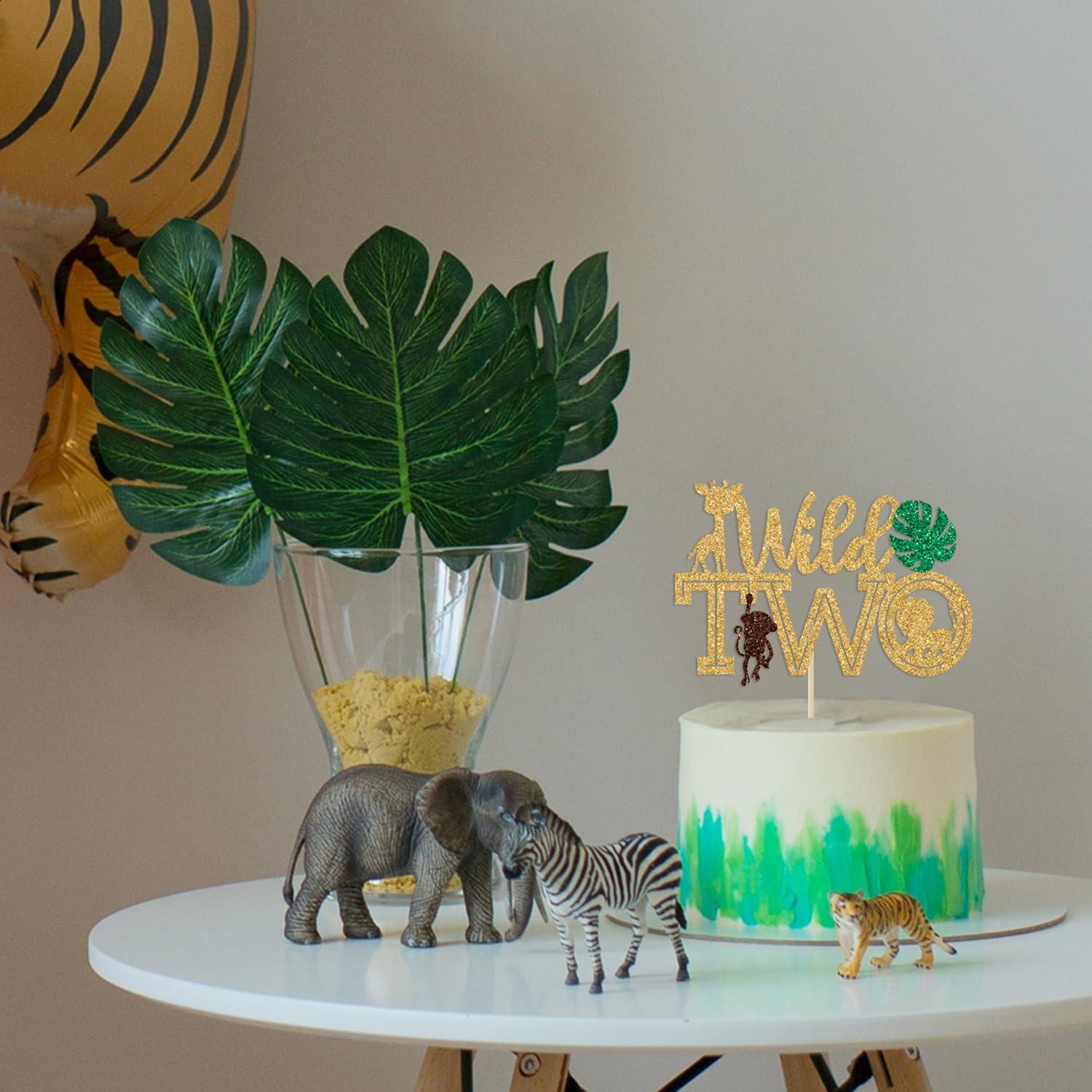 Sriburcio Gold Glitter Two Wild Cake Topper, Born Two Be Wild/Happy 2nd Birthday/Two Cute/Two Fast, Jungle Wild Themed Baby's 2nd Birthday Party Decorations