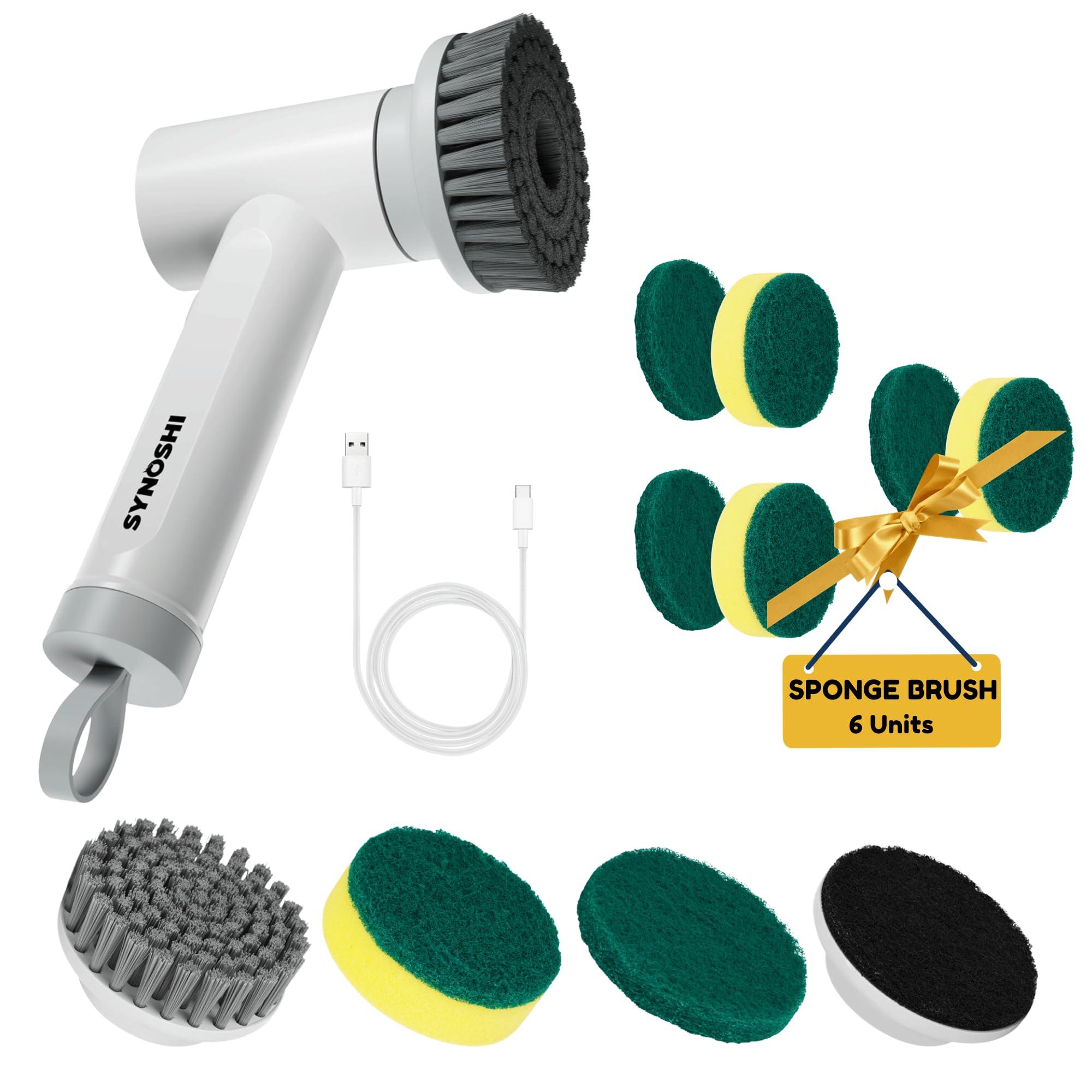 SYNOSHI SYNOSHI | Electric Spin Scrubber with 3 Replaceable Cleaning Head + 6 Units of Sponge Brush Heads, Power Cleaning Brush, Cordless Waterproof Scrubber with Dual Speed