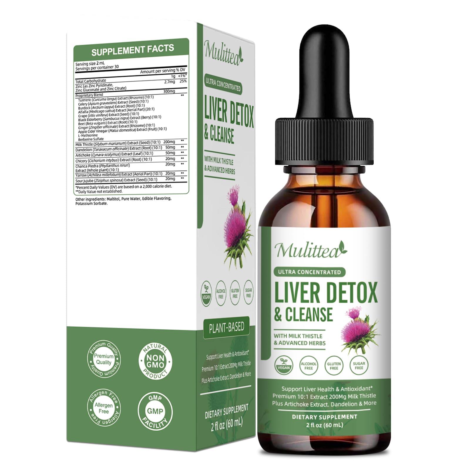 Mulittea (2 Pack) Liver Health Liquid Drops -Support Liver Cleanse Detox & Repair with Artichoke Milk Thistle Silymarin Extract, Dandelion,Turmeric, Berberine to Renew w/21 Potent Herb-Nutrients-
