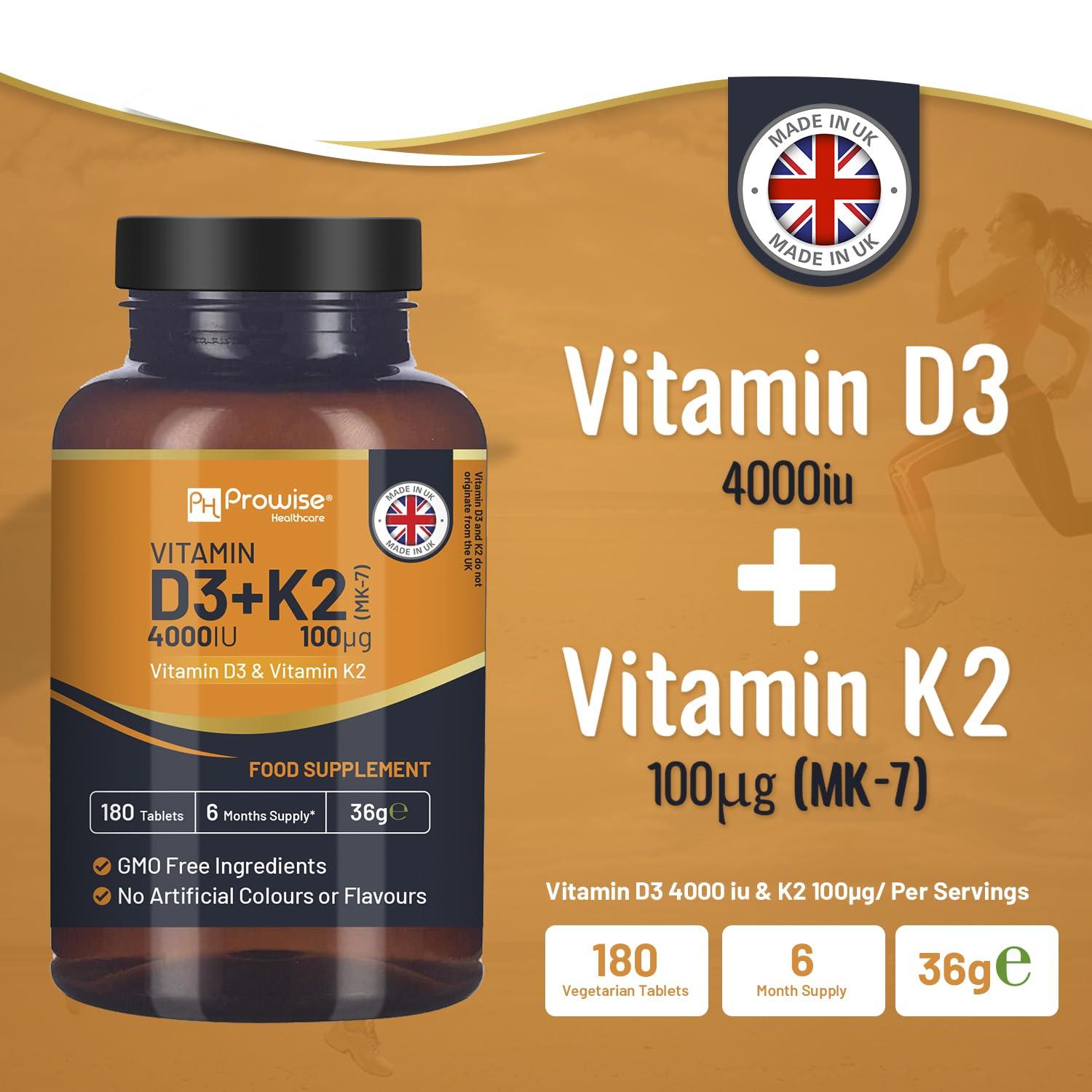 PH PROWISE Healthcare Vitamin D3 4000IU & K2 MK7 100g Vegetarian Tablets I 180 (6 Months Supply) I Easy to Swallow Supplement for Immune Support, Calcium Boost, Bone & Muscle I Made in The UK by Prowise Healthcare