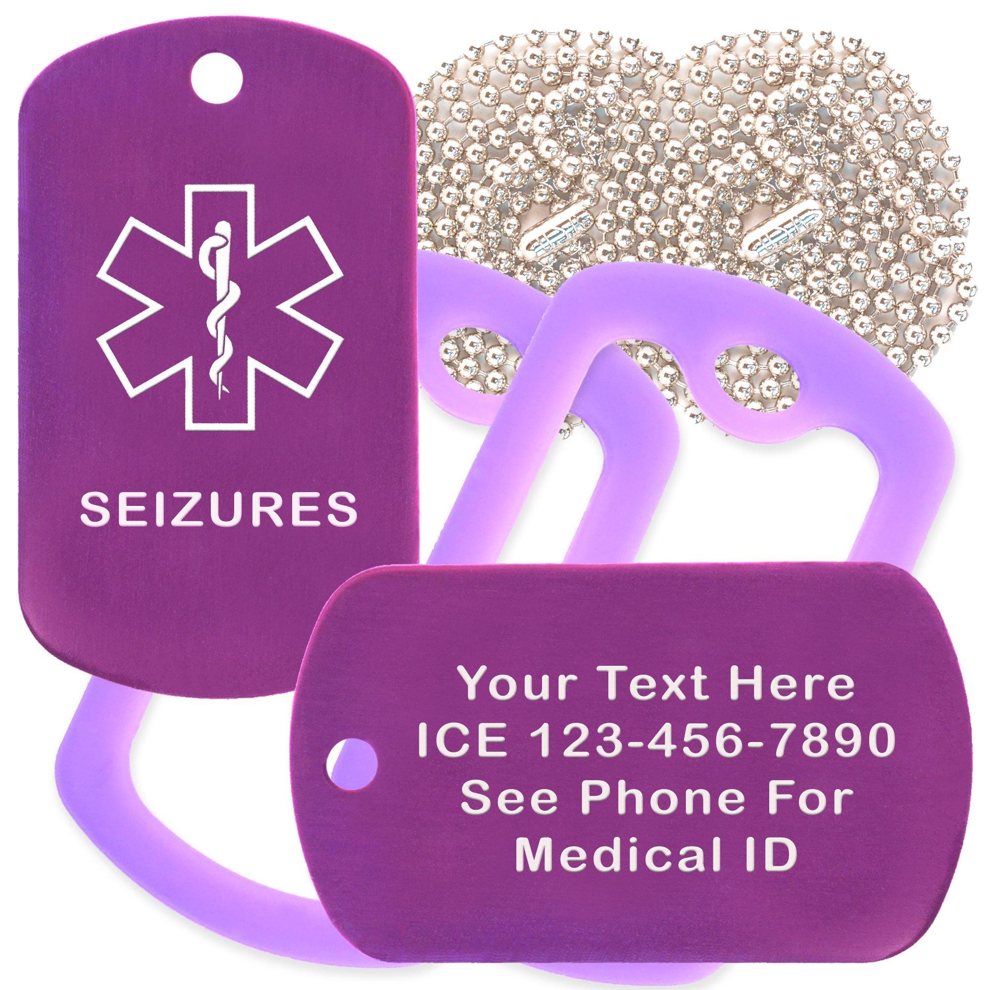 Goods For Giving Custom 2 Pack - Seizures Medical Alert ID Necklaces with Purple Custom Tags, Purple Silencers, and 30'' USA Chains