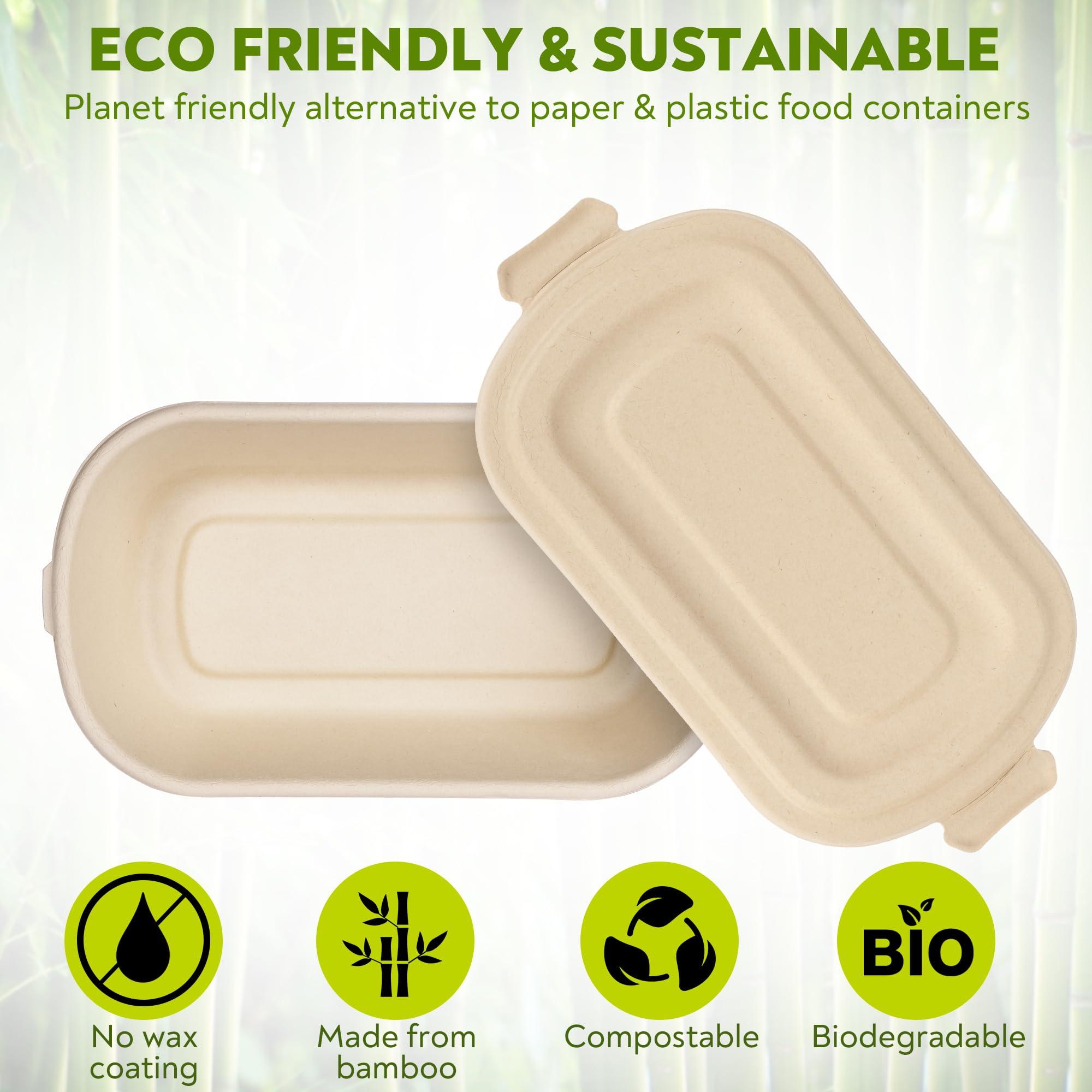 Enviro Safe Home 37 Oz Bamboo Disposable Food Containers, 50 Pack - Heavy Duty, Microwavable, Oven Safe - Perfect For Meal Prep, Salads, Lunch, To Go Food - Biodegradable (Brown)