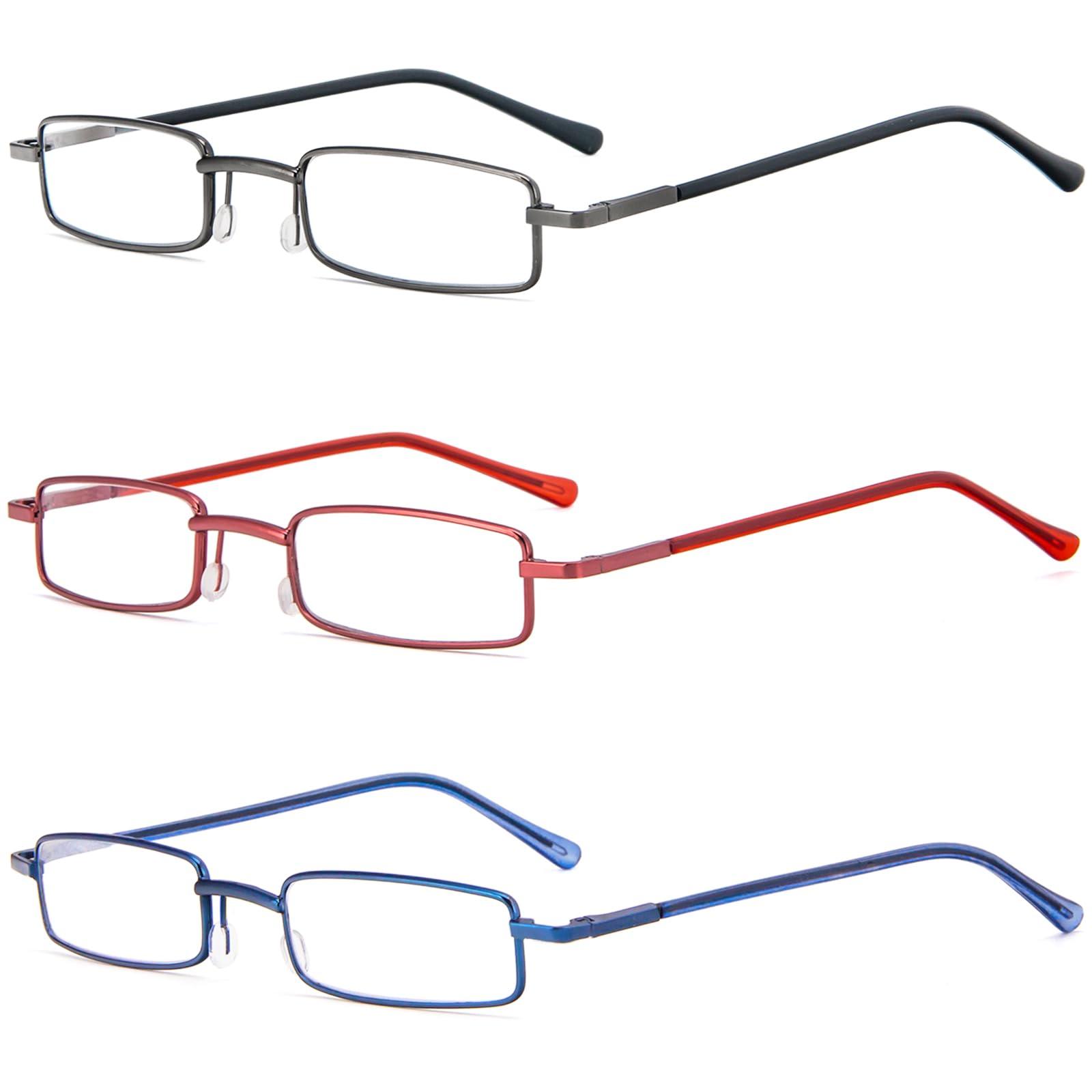 REAVEE REAVEE 3 Pack Slim Pen Reading Glasses Small Tube Stylish Readers for Women Men Spring Hinged with Portable Clip Case, Grey Red Blue 2.0