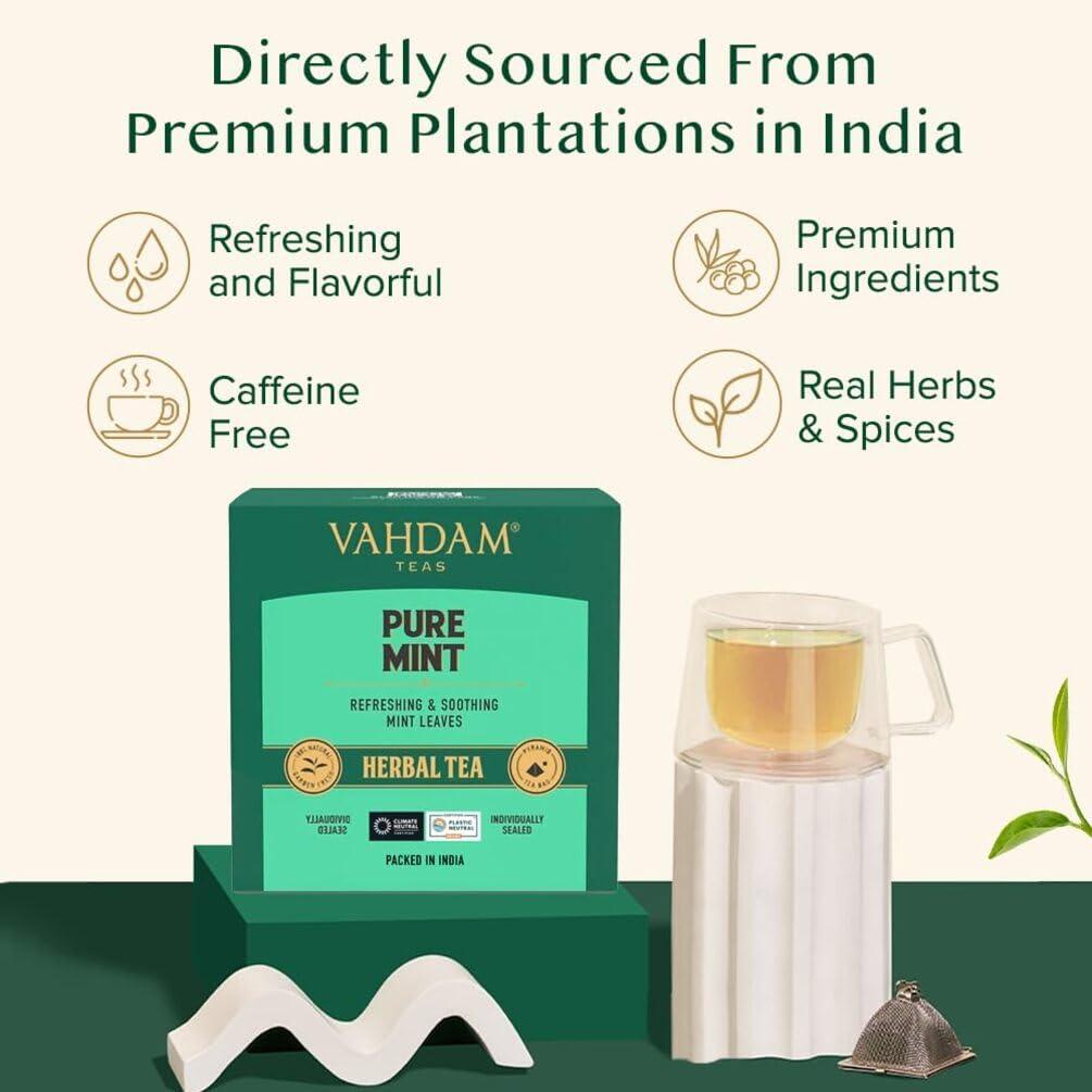 VAHDAM VAHDAM, Pure Mint Herbal Tea (15 Pyramid Tea Bags) Caffeine Free, Non GMO, Gluten Free | Blend of Spearmint & Peppermint - Sweet & Minty | Resealable Ziplock Pouch