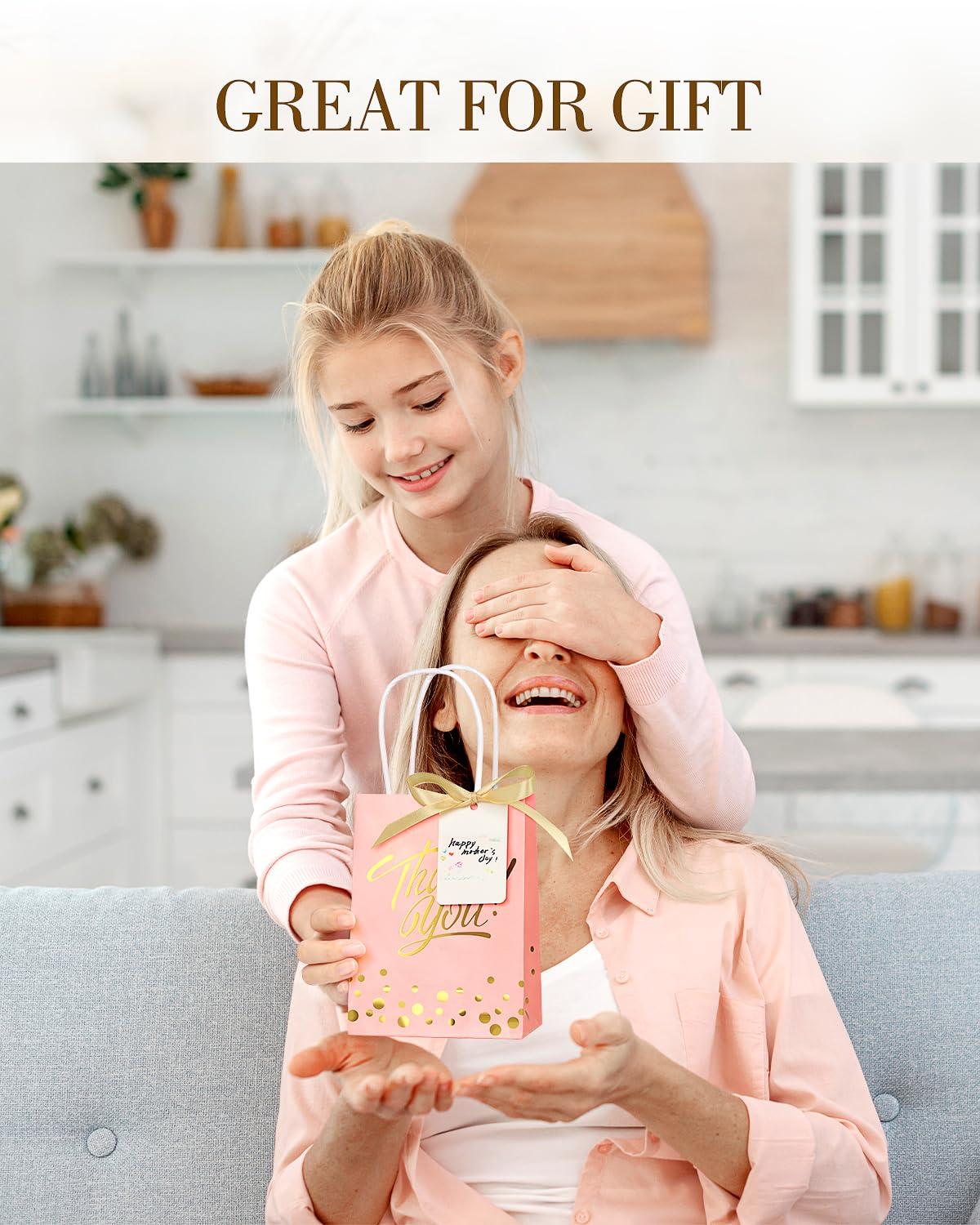 EQOREIIN EQOREIIN 25 Pack Gift Bags with Handles 8.3x6x3.1 Inches Thank You Gift Bags Party Favor Bags Kraft Paper Goodie Bags with Bow Ribbon for Mother\'s Day, Baby Shower, Graduation, Birthday(Pink)