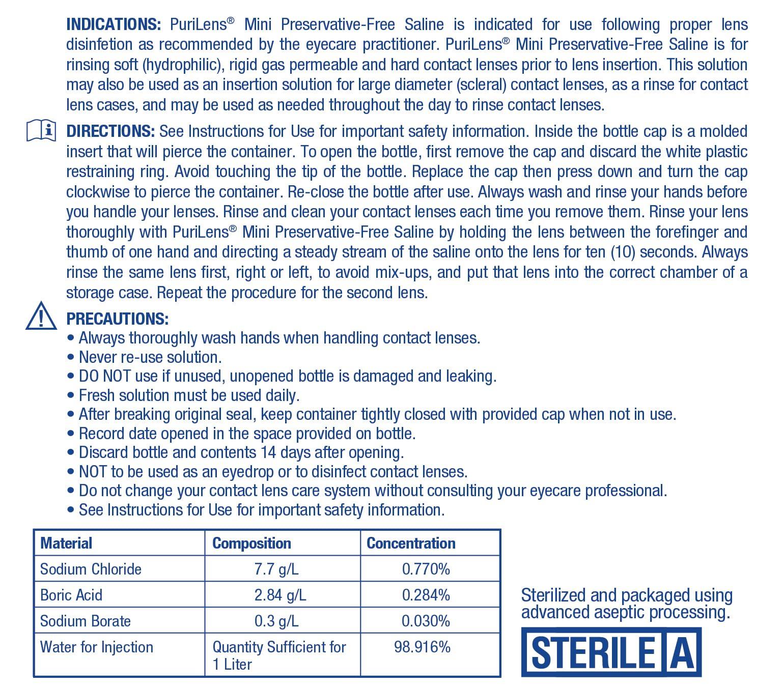 Purilens Purilens Mini Preservative-Free Contact Lens Saline 60ml (2 fl. oz.) 6 Pack