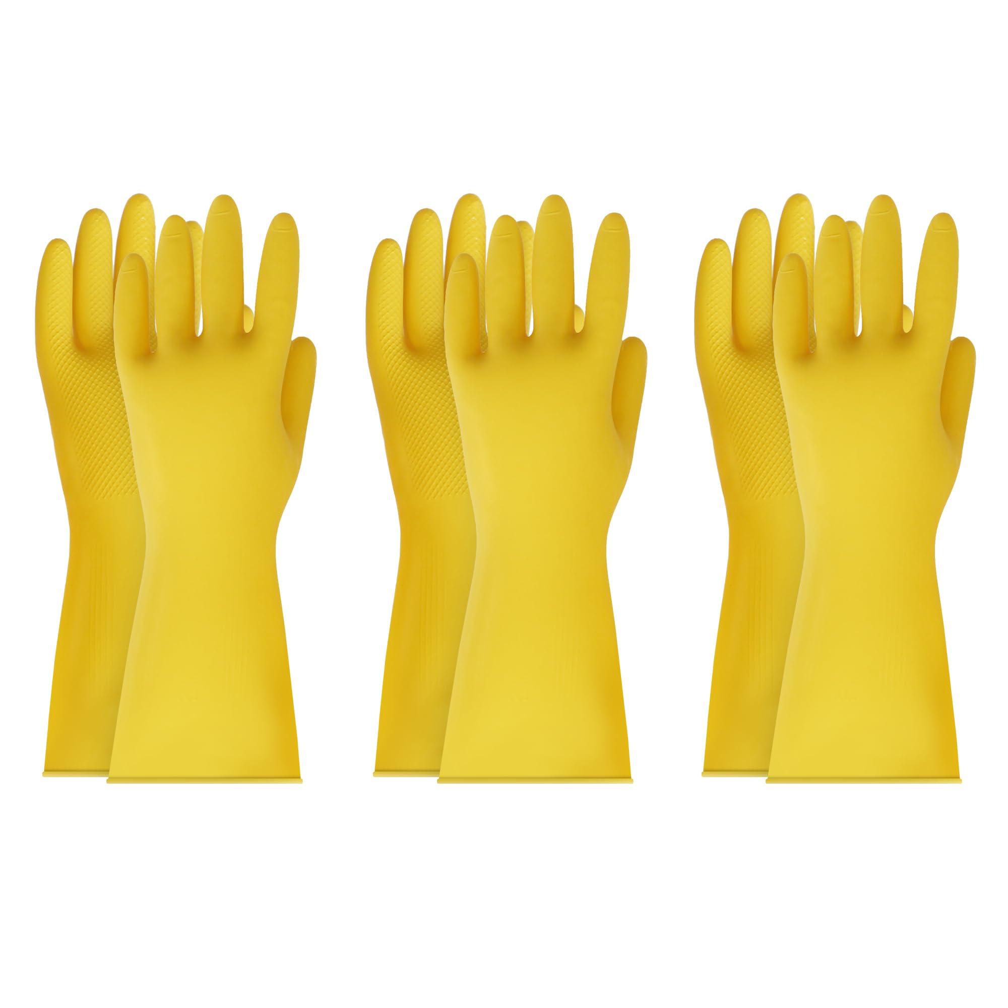 BOOMJOY BOOMJOY Rubber Cleaning Gloves, Heavy Duty Dishwashing Gloves, Reusable Medium Gloves for Kitchen, Bathroom, Gardening, Working, Pet Care - Yellow, 3 Pairs, Size M