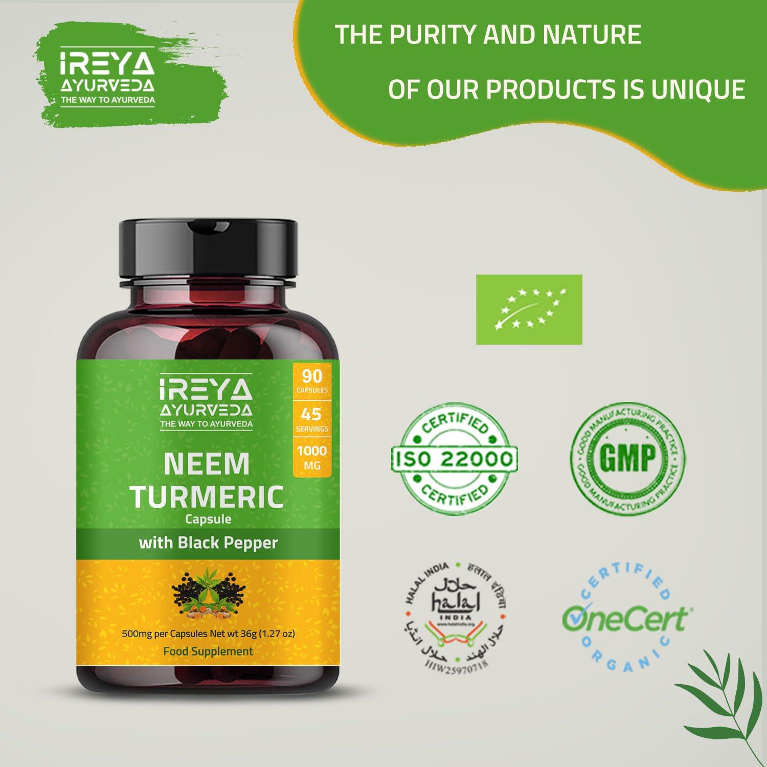 Ireya Ayurveda Neem Turmeric Capsules | 90 Capsules 1000mg | Neem Capsules Made Black Pepper Neem, Turmeric, & Black Pepper | (90 Capsules)