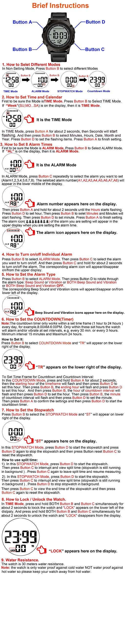 T TICCI TICCI Men 8 Vibrating Alarms Watch Medication Aids Vibra Pill Alert Reminder for Elderly Seniors Big Digits Waterproof (Black)