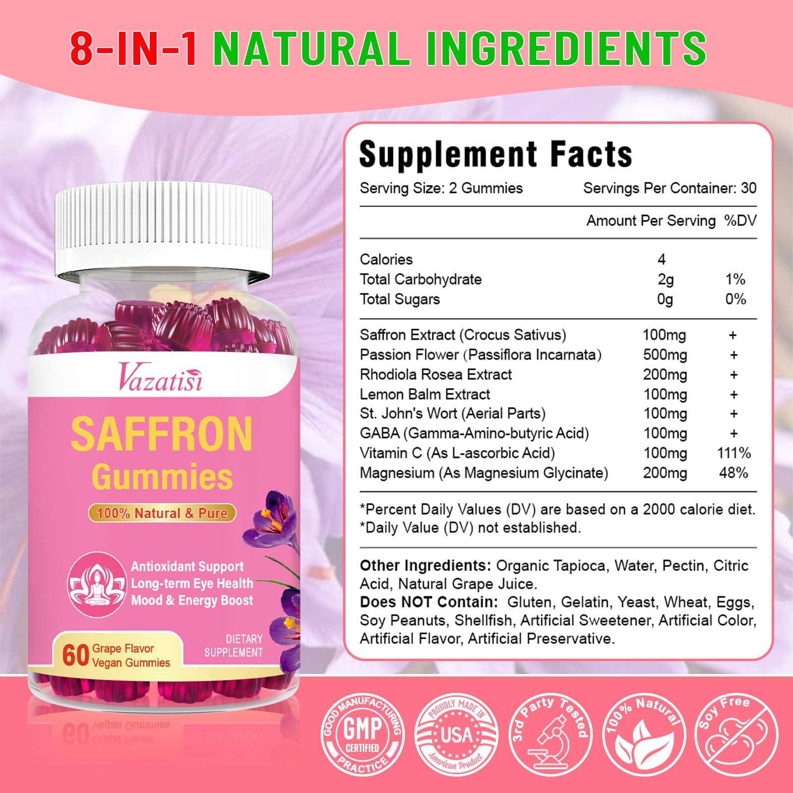 Vazatisi Natural Saffron Gummies - Sugar Free Saffron Supplement with Saffron Extract 100 mg, Magnesium, GABA, Rhodiola - Mood | Focus | Vision | Energy Support - NonGMO Vegan - 120 Gummies, 2 Month Supply