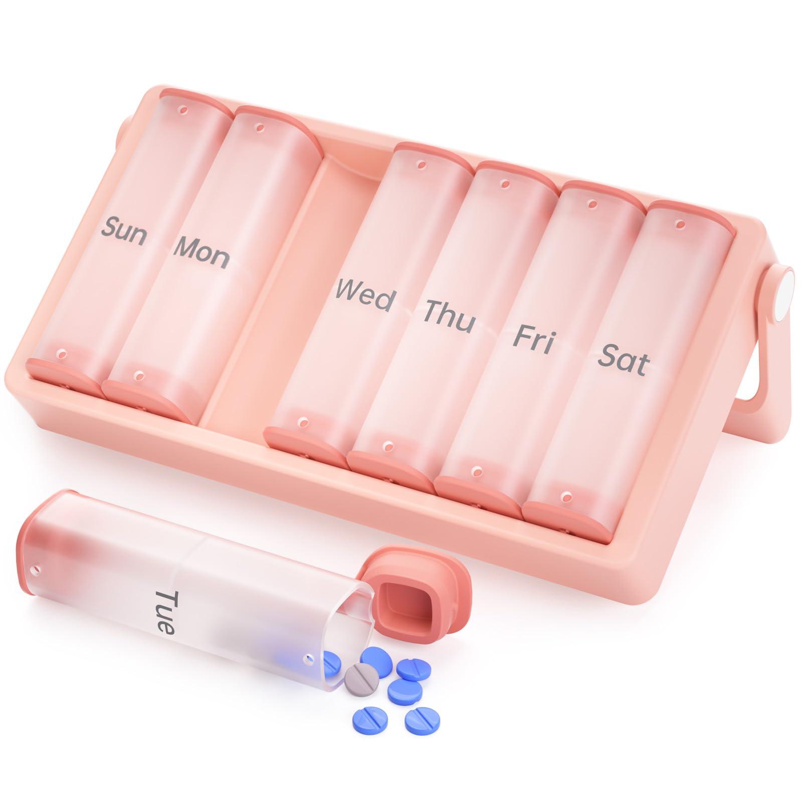 KOVIUU Weekly Pill Organizer 2 Times a Day, KOVIUU Large Travel Pill Box 7 Day, Am Pm Twice Daily Pill Case with Rotatable Handle, Pill Holder Container for Vitamin, Medicine, Supplement, Fish Oil, Pink