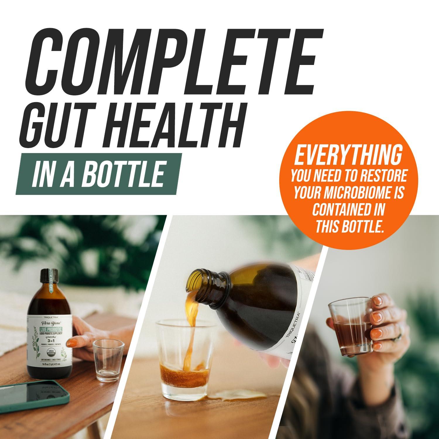 Triquetra Health Flora Biome - Live Probiotic, Prebiotic, & Postbiotic Organic Live-Culture 10 Probiotic Strains, 18 Fermented Herbs - Complete Gut Health & Microbiome Optimizer (16 oz)