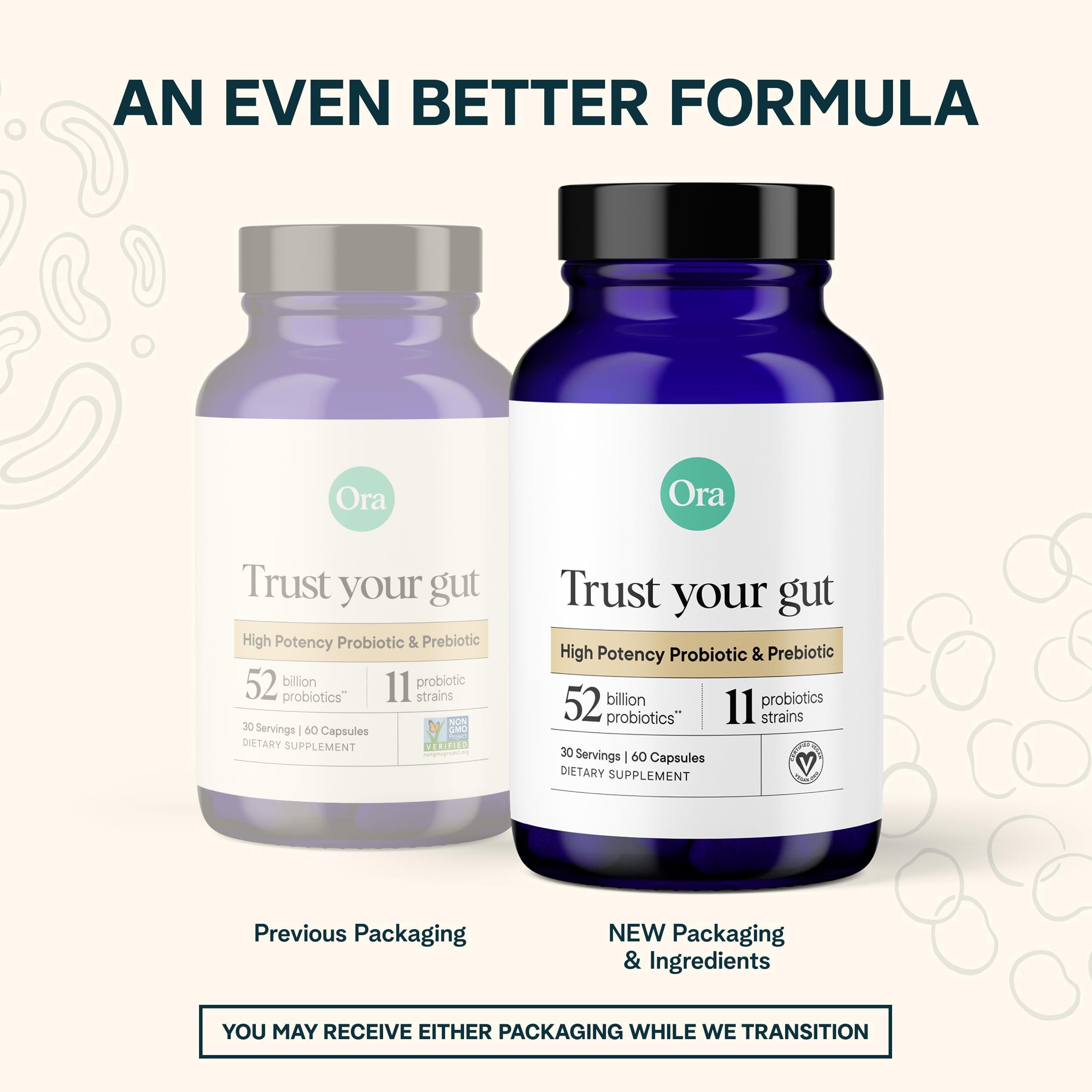 Ora Organic Ora Organic Probiotics with Prebiotics - 52 Billion CFU 11 Clinically Studied Strains for Digestive Health, Trust Your Gut, Gluten Free, 60 Capsules