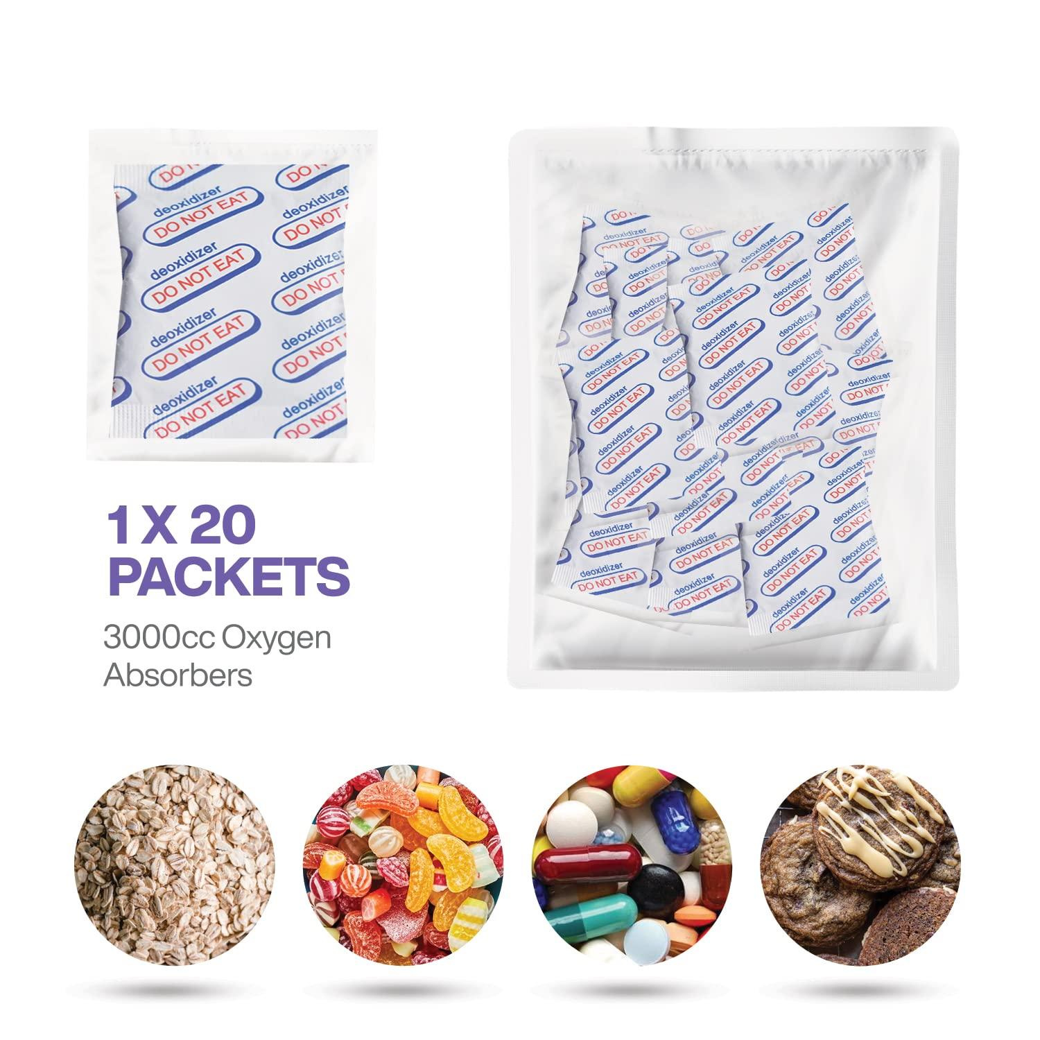BRENSTEN 3000cc Oxygen Absorbers (Individually Sealed - Total 20 Count) for Food Storage, Food Grade Oxygen Absorbers Packets with Oxygen Indicator for Long Term Storage and Preservation (3000CC(20-Pack))