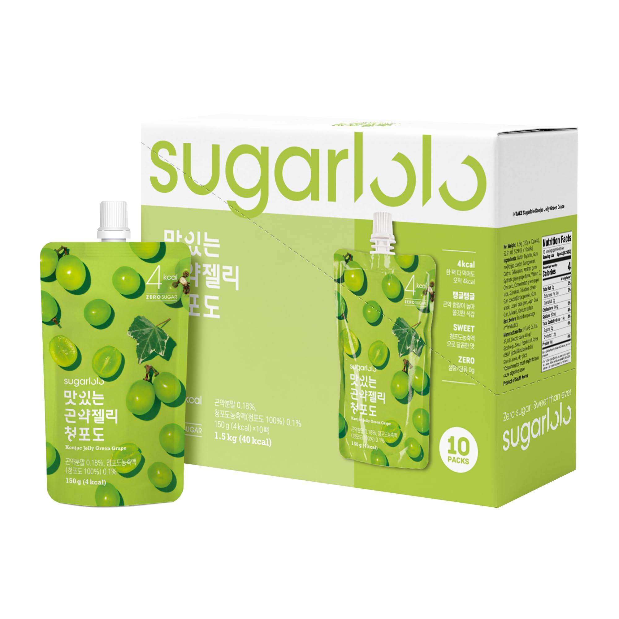 Sugarlolo Sugarlolo Konjac Sweet Green Grape Jelly Snack - 5.29 Oz (150g) | 10 Pack | Only 4 Calories per Pouch | Vegan Jello with Zero Sugar | Low Calorie Korean Snacks | Stocking Stuffers White Elephant Gift