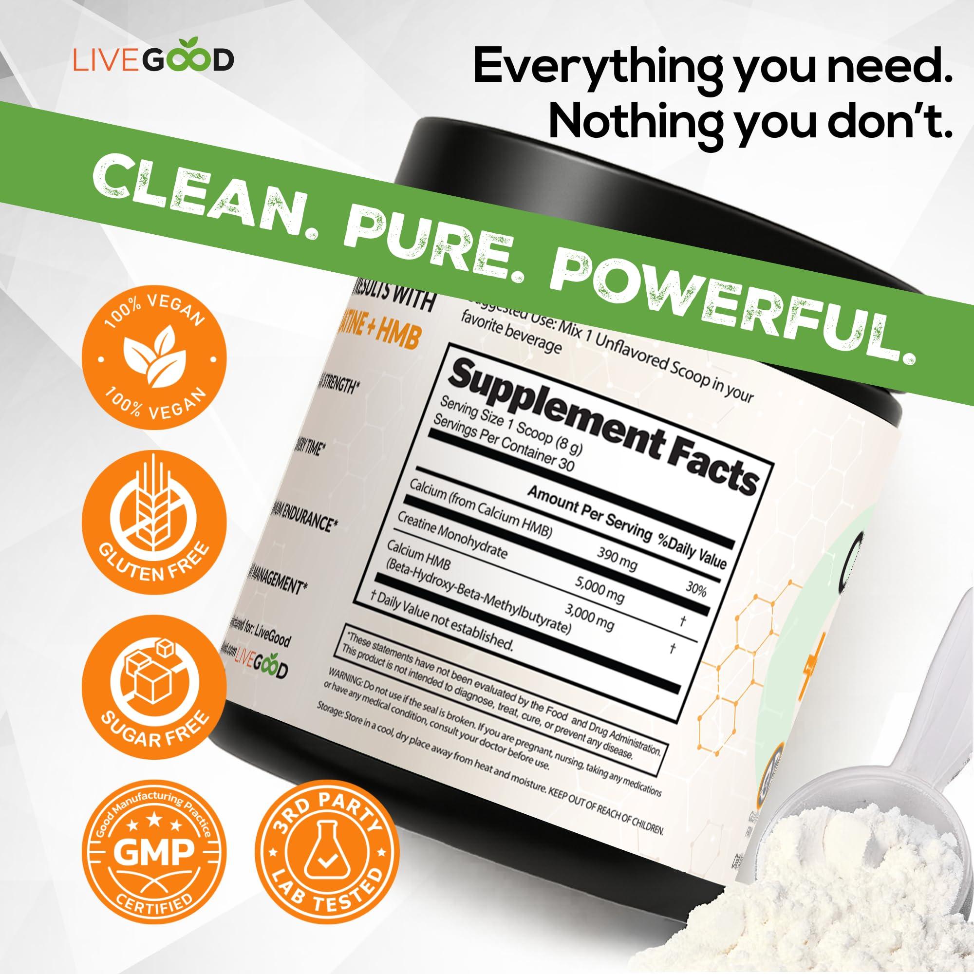 LIVEGOOD LIVEGOOD Creatine Plus HMB Supplement, 3g HMB for Muscle Strength & Recovery, 8.5oz.