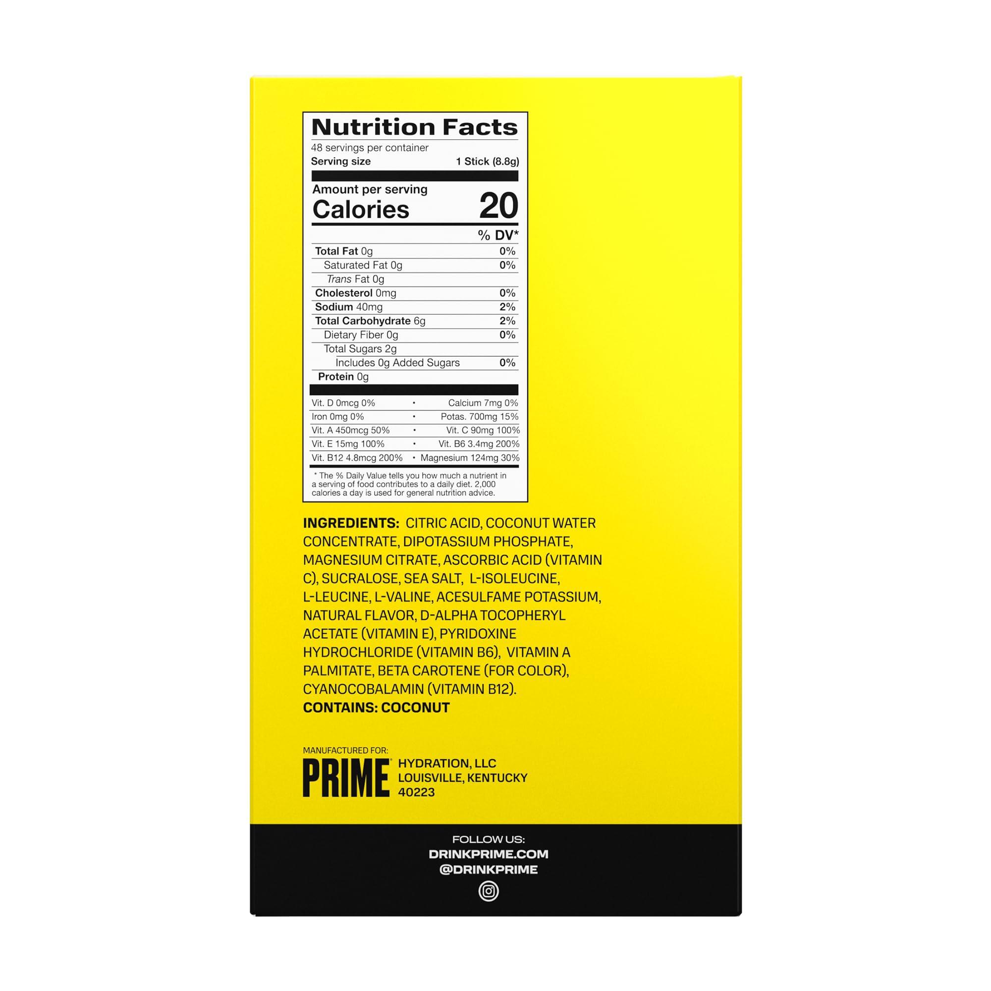 PRIME HYDRATION PRIME HYDRATION+ Sticks Lemonade | Hydration Powder Single Serve Sticks | Electrolyte Powder On The Go | 250mg BCAAs, B Vitamins, Antioxidants | Low Sugar | Caffeine-Free | Vegan | 48 Sticks