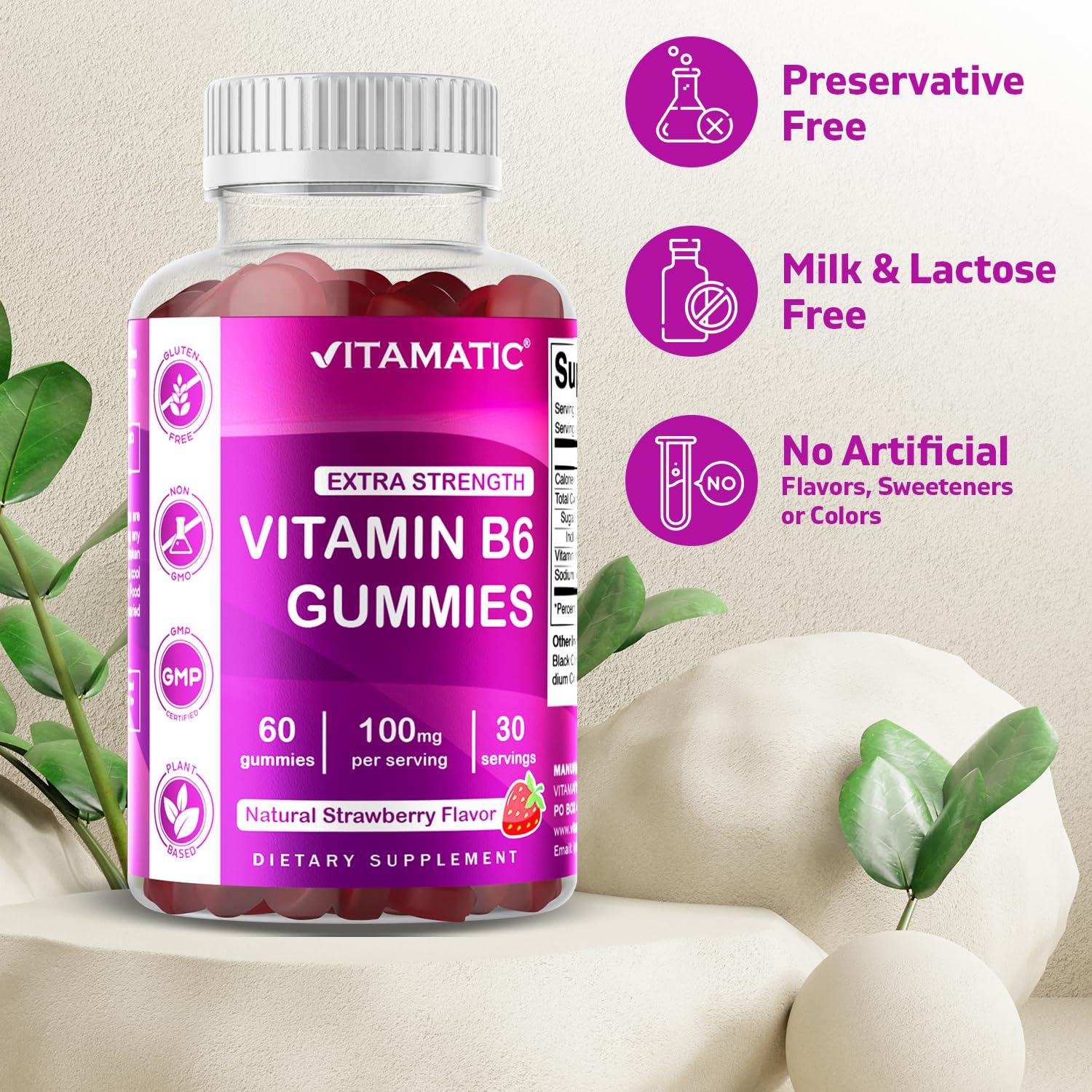 Vitamatic Vitamatic 2 Packs Vitamin B6 100mg - Strawberry Flavor - 60 Pectin Based Gummies - Supports Nervous System