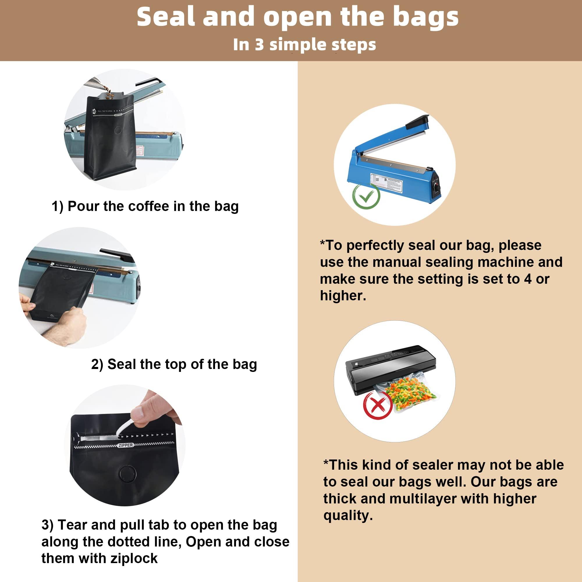 felipack Black Coffee Bags with Valve (Pack of 100, 16oz/1 lb Size) - High Barrier Aluminum Foil - Flat Bottom Coffee Pouches with Rsealable Zipper & Easy Open Tape