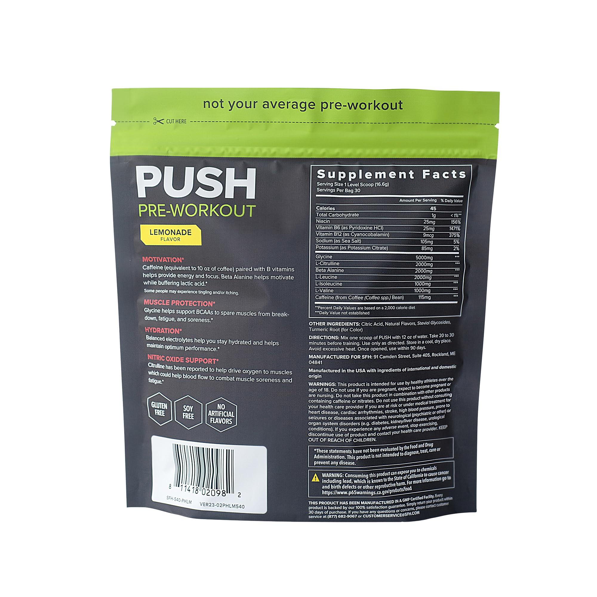 SFH SFH Push Pre-Workout Powder (Lemonade) BCAAs for Muscle Repair | Electrolytes | Non-Dairy, No Artificial Flavors, Colors, Sugar, Soy, Gluten, or GMOs (Bag)