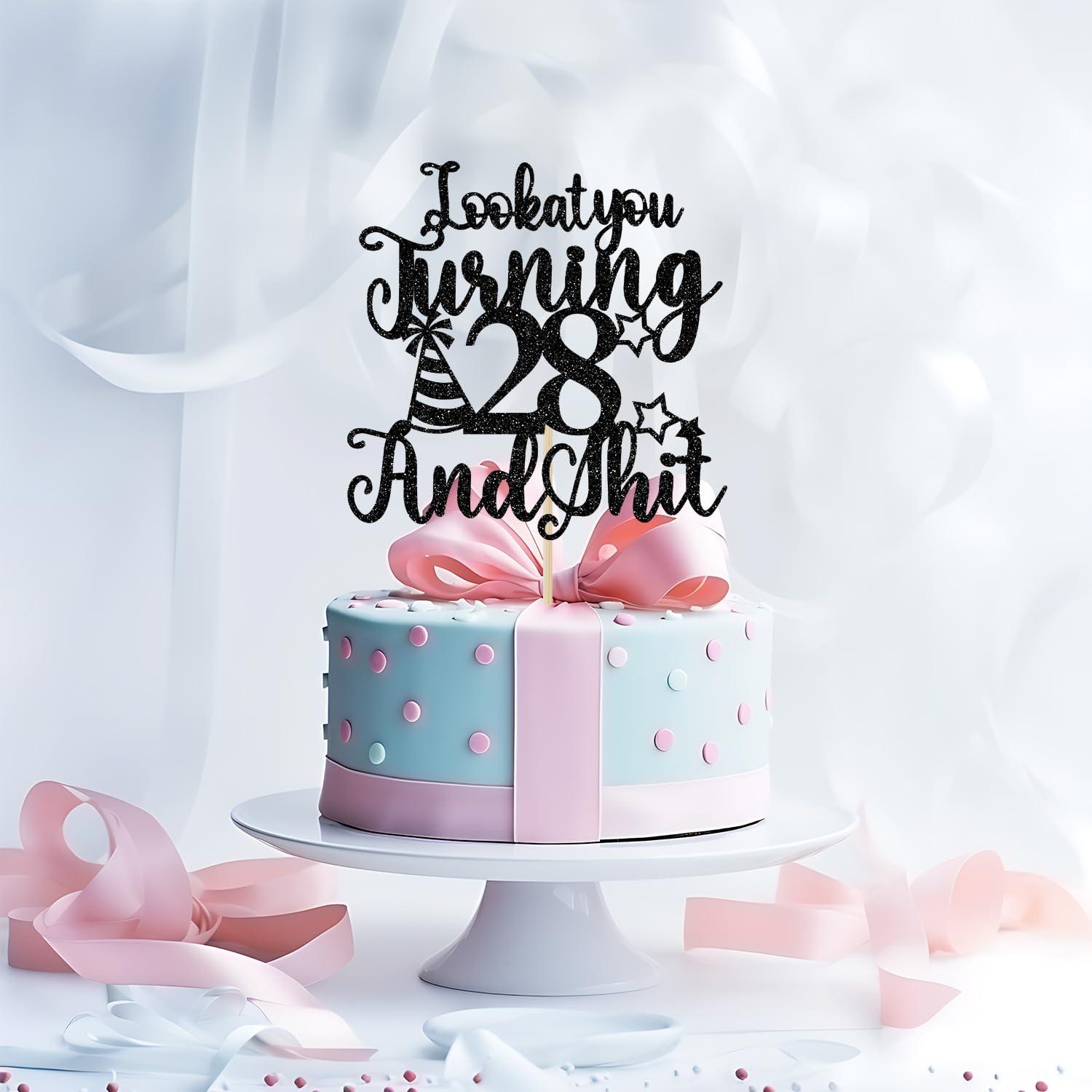 Bytorjar Happy 28th Birthday Cake Topper, 28th Birthday Cake Decor, Cheers to 28 Years, Hello 28, Funny 28th Birthday Party Decorations, Black Glitter