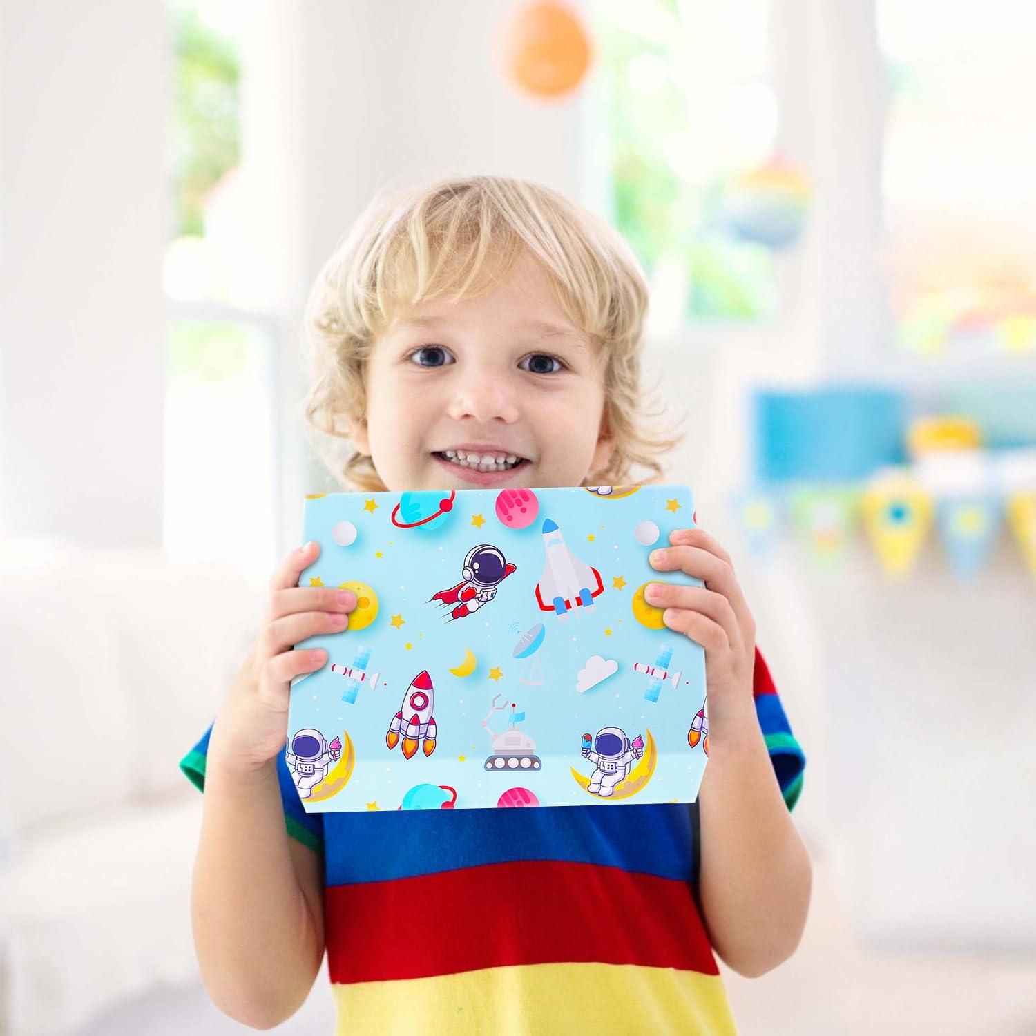 NEPOG Outer Space Wrapping Paper for Boys Girls Kids, Astronauts Rockets Moon Planets Pattern Space Galaxy Wrapping Paper 6 Sheets Folded Flat 20x28 inches per Sheet for Space Theme Birthday Baby Shower