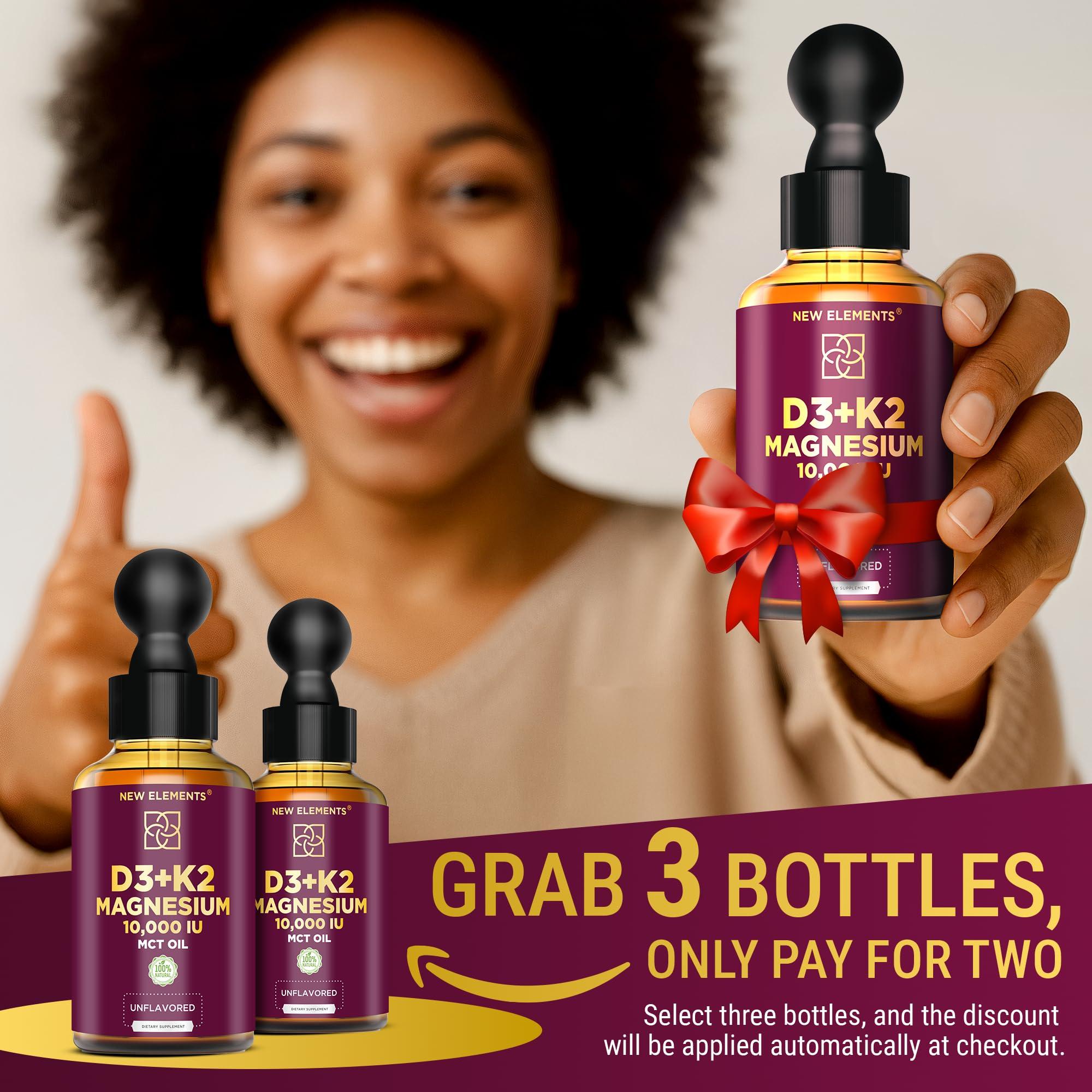 New Elements Liquid Vitamin D3 K2 10000IU with Magnesium Glycinate 5mg | VIT D3 K2 Drops for Adults | Mk7 Vitamin K2 100mcg | Vitamin D3 + K2 Supplement for Men & Women | Gluten Free | Non-GMO