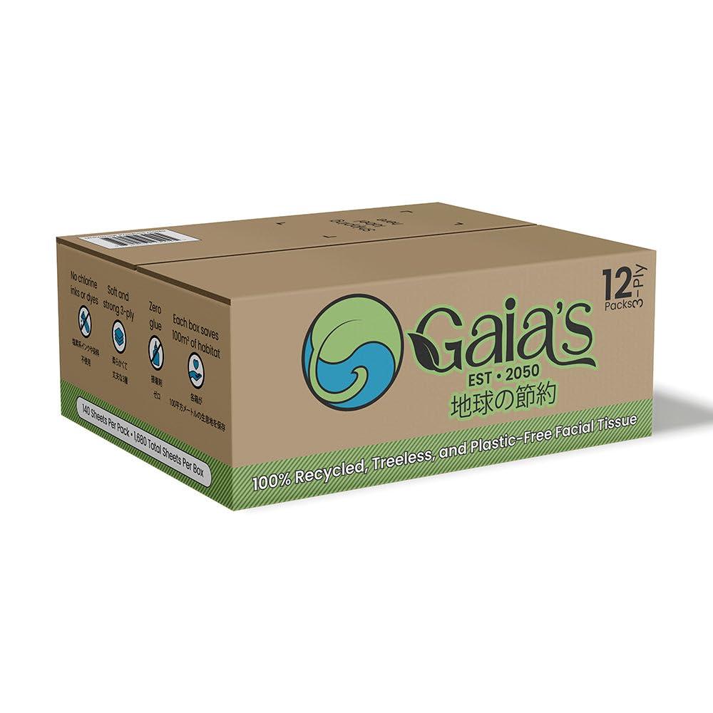 GAIA\'S Gaias Premium 3 Ply Facial Tissues, Strong and Soft, 140 Sheets (1680 Sheets - 12 Pack) Made From Recycled Paper, Zero Plastic Packaging, Eco-Friendly, Sustainable, Non-Lotion Bulk Pack