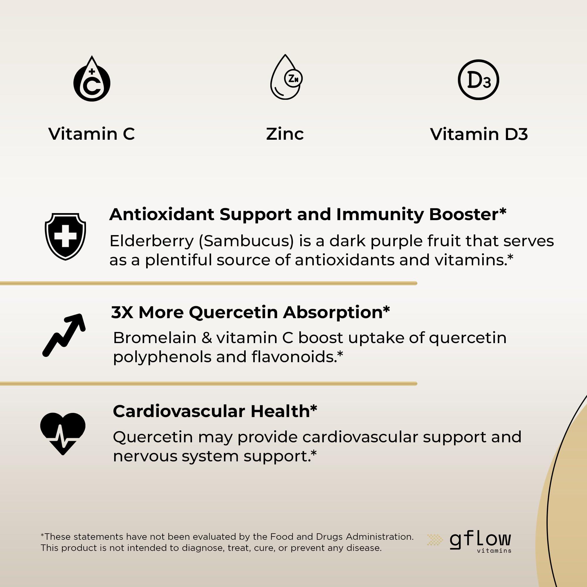 gflow vitamins Quercetin with Vitamin C and Zinc - Quercetin 500mg - Quercetin with Bromelain - Zinc Quercetin - 120 Veggie Caps - Elderberry with zinc and Vitamin c for Adults (Non-GMO, Vegan) 2 Months Supply