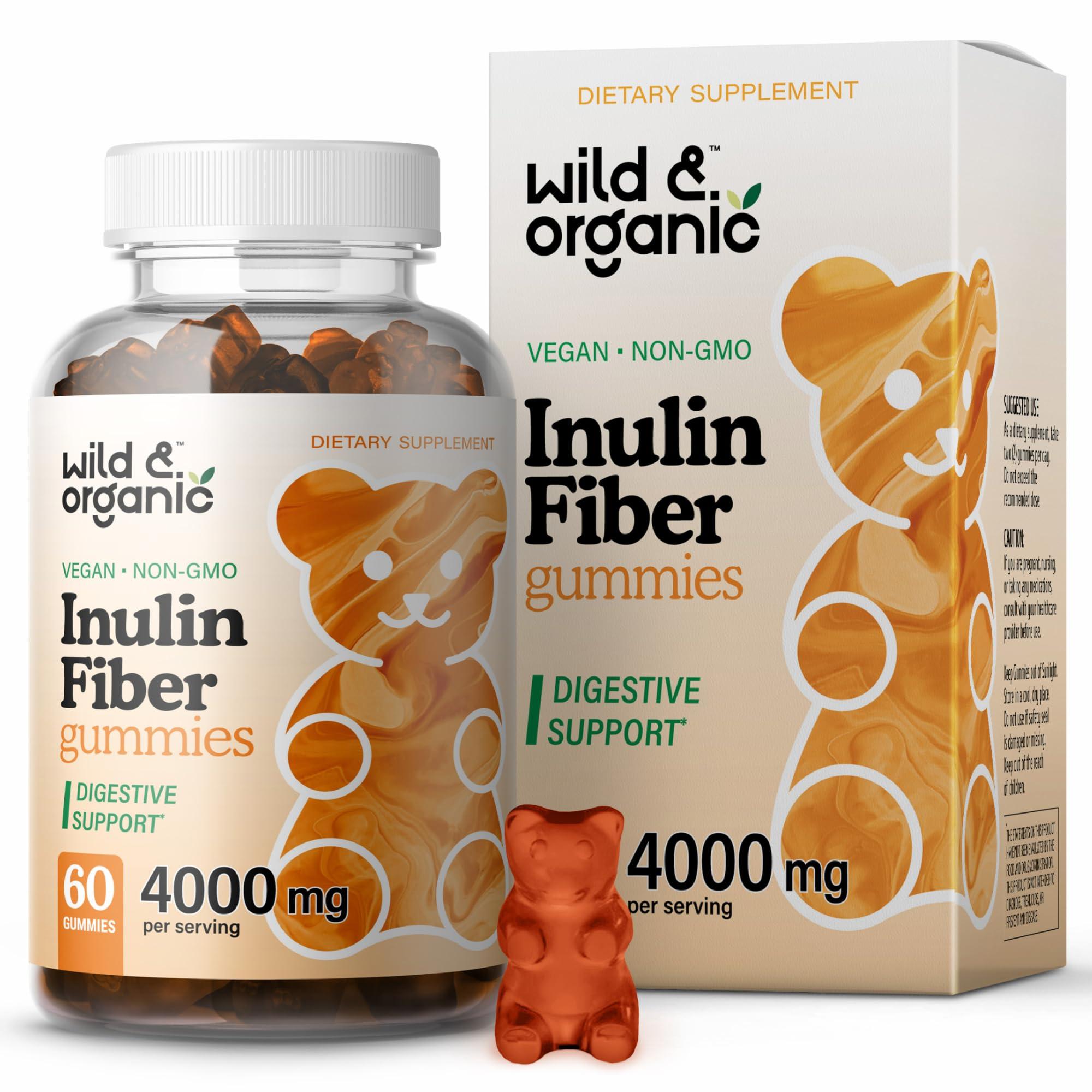 Wild & Organic Inulin Fiber Gummies 4000mg - Digestive Health w/Organic Chicory Root Inulin - Soluble Fiber Supplement w/Chicory Root Inulin Powder - Prebiotics Inulin for Gut Health - 60 Prebiotic Fiber Gummies