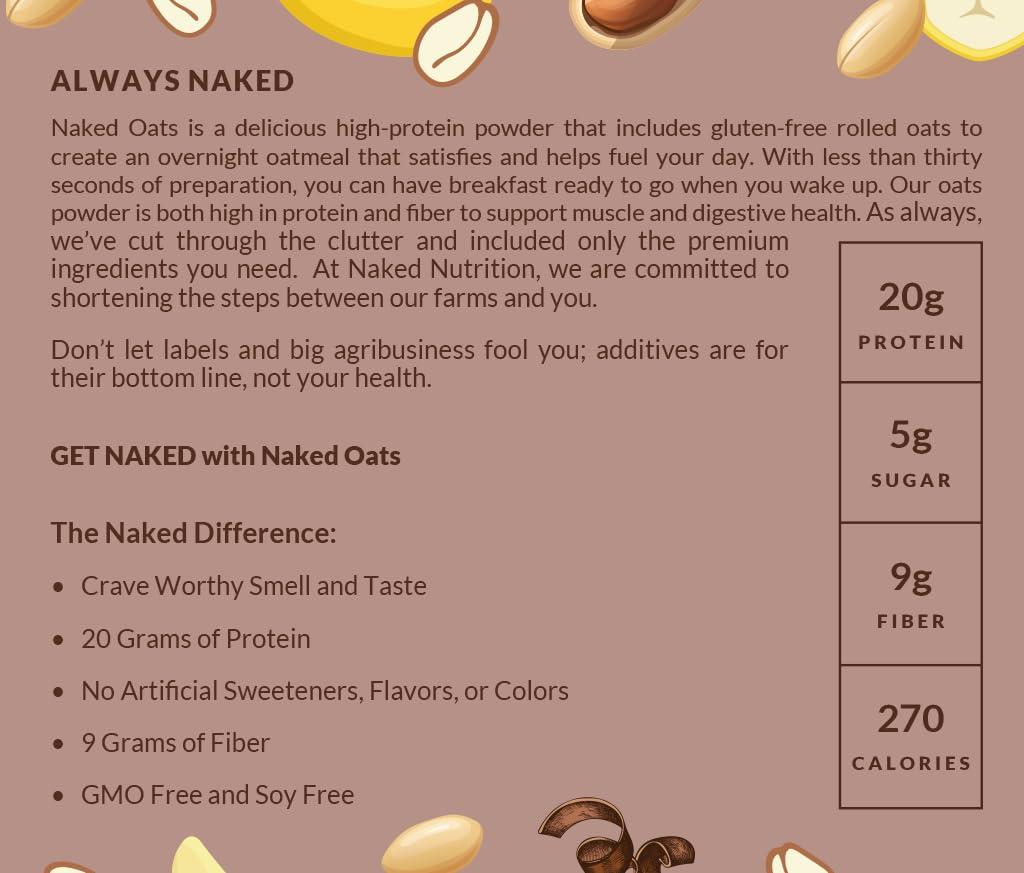 NAKED Naked Oats - Chocolate PB Banana Overnight Oats, 20g Whey Protein, Gluten-Free Oatmeal Instant Breakfast or Shake, High Protein Oatmeal, High Fiber Breakfast Shake, Non GMO, No Soy - 12 Servings