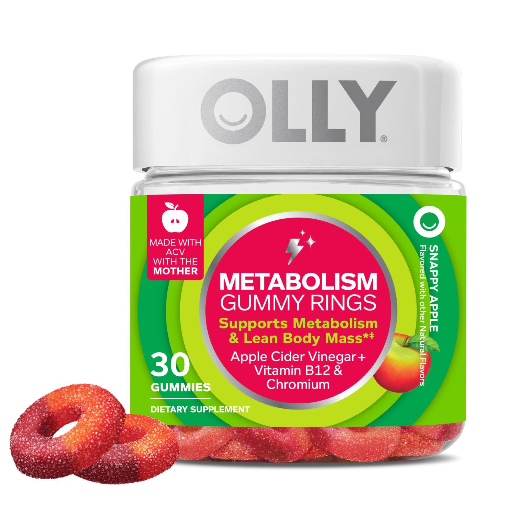 OLLY OLLY Metabolism Gummy Rings, Apple Cider Vinegar, Vitamin B12, Chromium, Energy and Digestive Health, Chewable Supplement, Apple Flavor - 30 Count