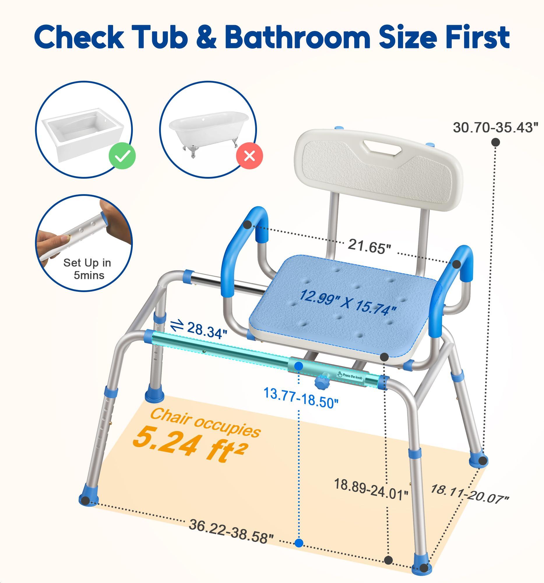 Bluelog Bluelog FSA/HSA Eligible Sliding Shower Chair with Extra-Wide 360 Swivel Seat, 330lbs Tub Transfer Bench, Non-Slip & Padded Arms, Adjustable Height for Elderly & Disabled Inside Shower, Rectangular