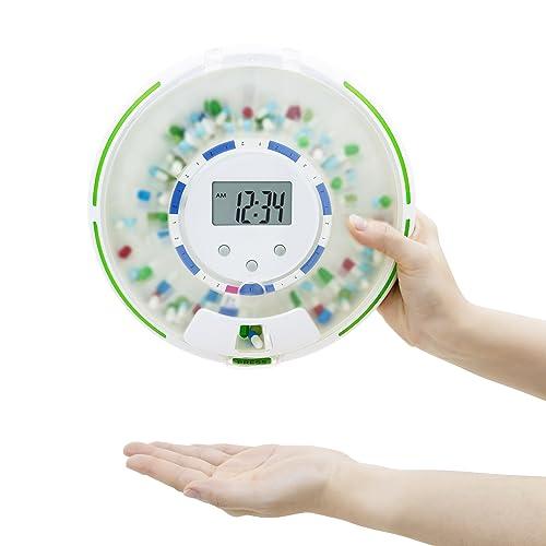 EziLife EZILIFE Automatic Pill Dispenser with Flashing Light, Sound, Alarm and Safety Lock, 28-Day Electronic Medication Organizer Dispense Vitamins and Tablets Up 6 Times/Day Easy Read Display (Frosted)