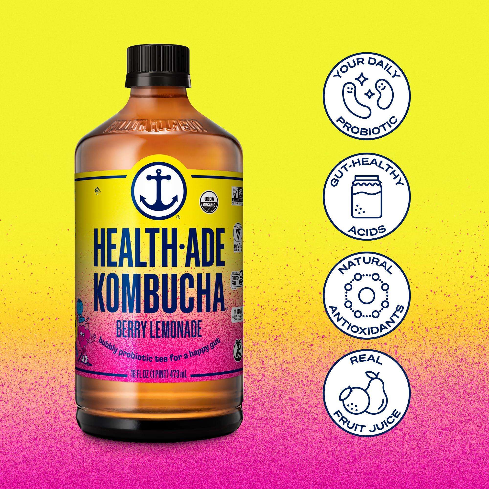 Health-Ade Health-Ade Kombucha Tea Organic Drink, Fermented Tea with Living Probiotics, Detoxifying Acids, Supports Gut Health, Non-GMO, Vegan, Gluten Free, 12 Pack (16 Fl Oz Bottles), Berry Lemonade