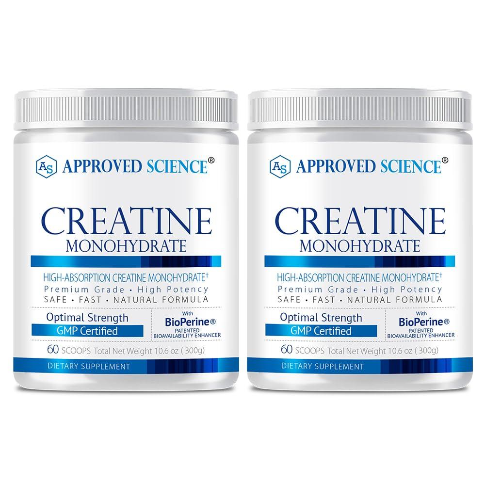Approved Science Approved Science Creatine Monohydrate Powder with BioPerine - Workout Support - 60 Servings - 5000mg Per Serving - Unflavored - Pack of 2 - Non-GMO, Vegan