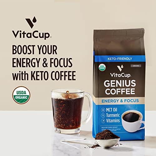 VitaCup VitaCup Organic Genius Ground Keto Coffee, Increase Energy & Focus w/MCT Oil, Turmeric, B Vitamins, D3, USDA Organic Ground Coffee Medium Dark Roast, Bold & Smooth, 100% Arabica Coffee Grounds, 10 oz