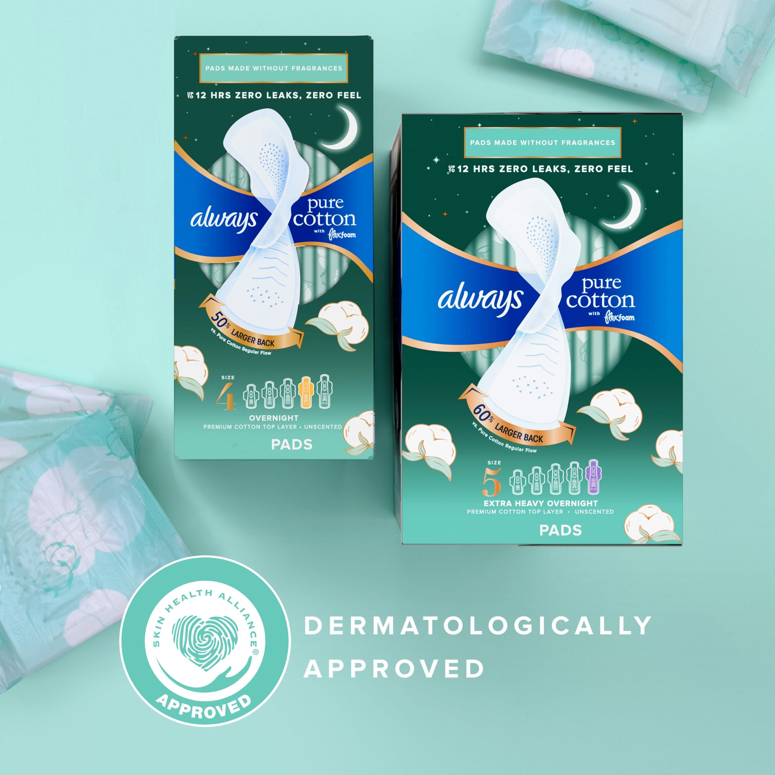 Always Always Pure Cotton, Feminine Pads for Women, Size 4 Overnight Absorbency, Multipack, with Flexfoam, with Wings, Unscented, 20 Count x 3 Packs (60 Count total)