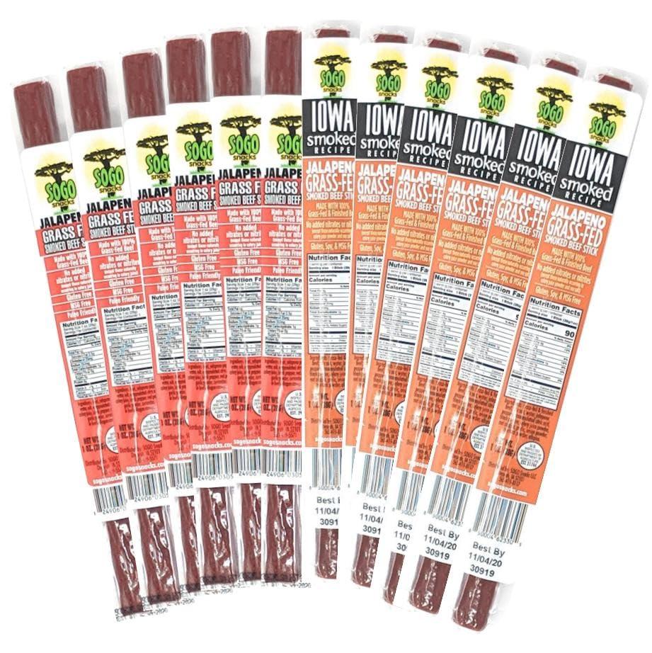 Sogo Snacks Jalapeño Variety, Sogo Snacks, No Sugar, 100% Grass-fed, Non-GMO Beef Sticks. No Nitrates, Gluten, Soy, MSG, Dairy or Nuts. Keto, Whole30, Paleo Friendly (6 Jalapeño, 6 IASM Jalapeño, 1-oz, 12-cnt)
