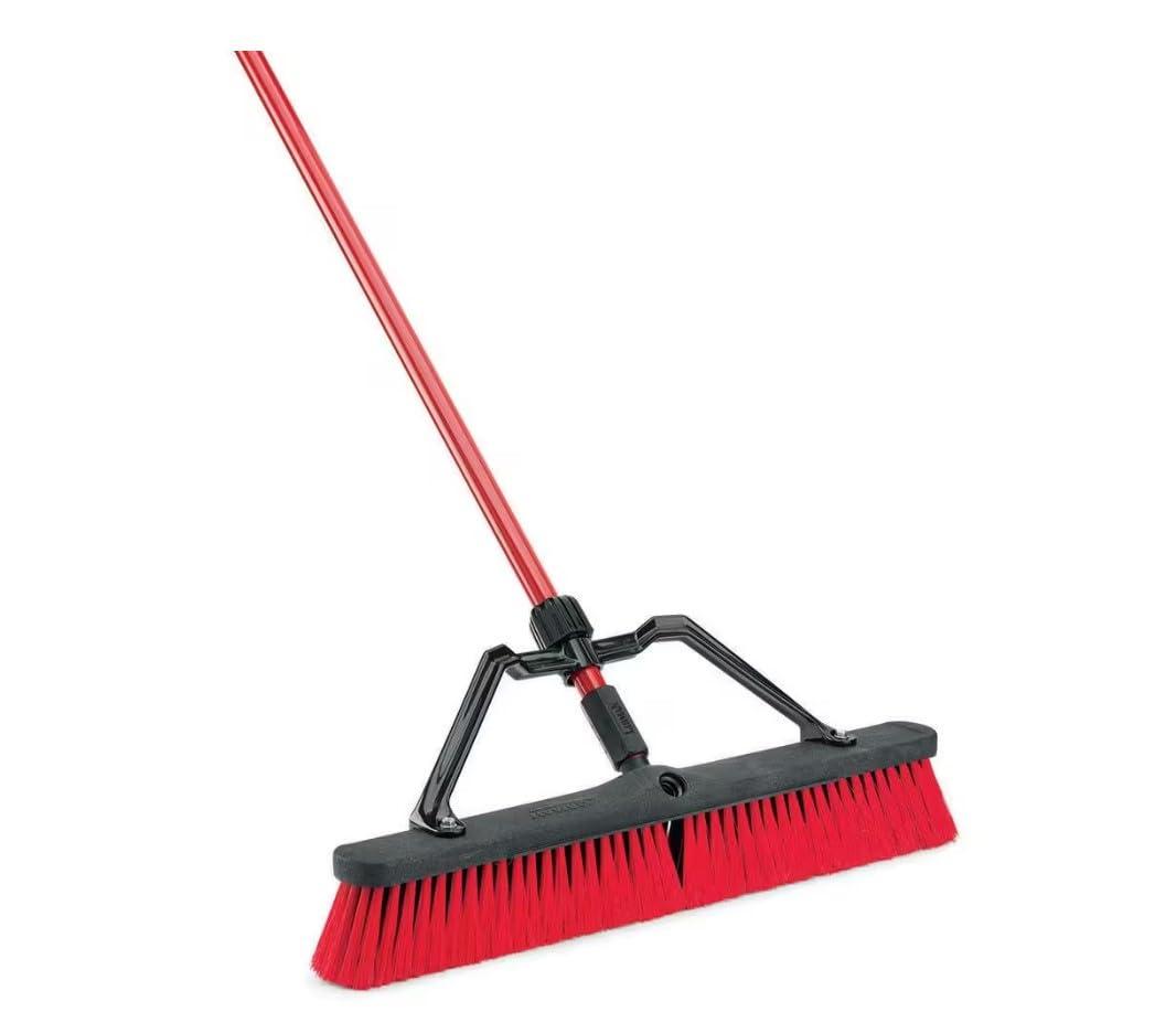 GDUFAMIU Heavy-Duty 24\'\'W Push Broom for Multi-Surface with 60\'\'L Steel Handle, Black and Red