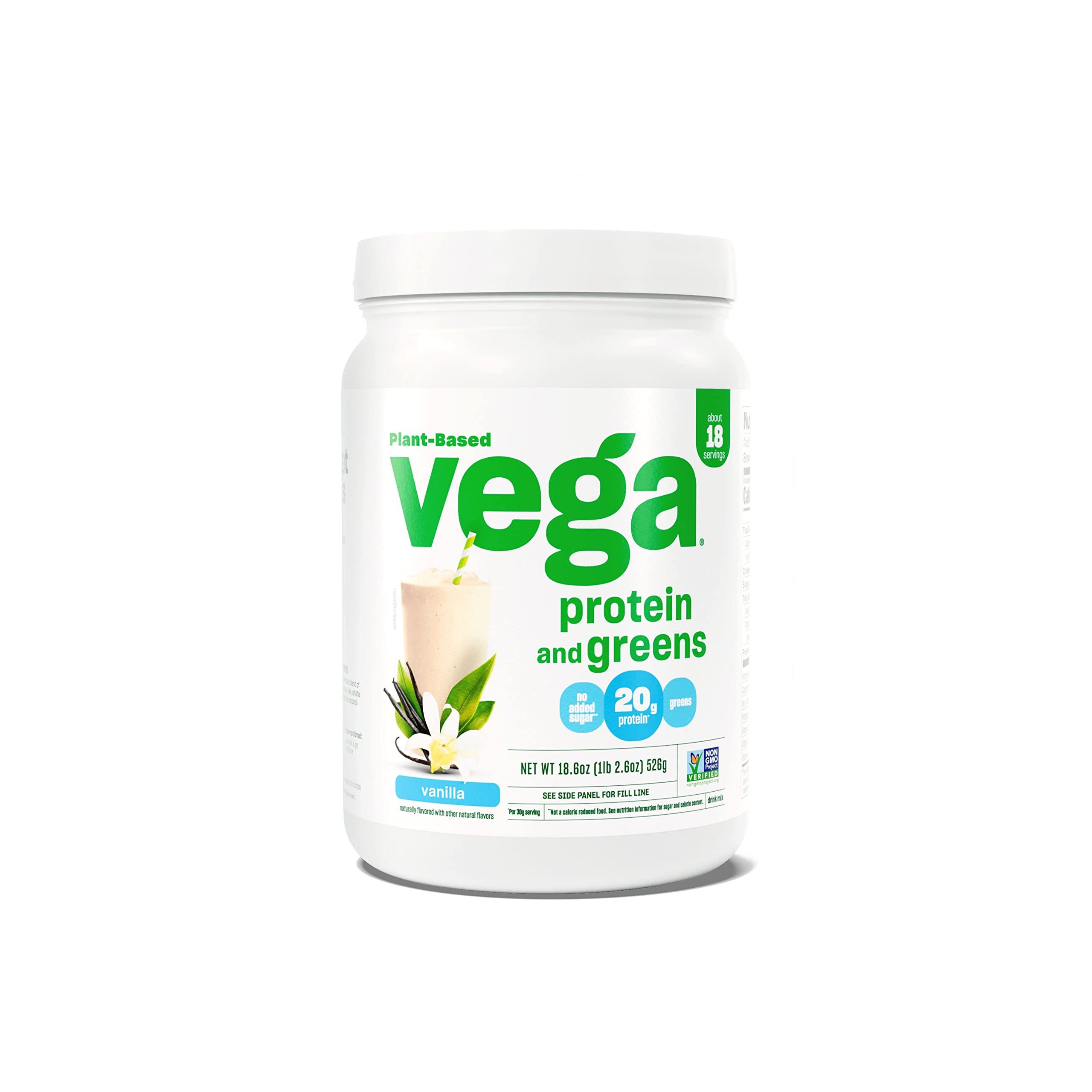 Vega Vega Protein and Greens Protein Powder, Vanilla - 20g Plant Based Protein Plus Veggies, Vegan, Non GMO, Pea Protein for Women and Men, 1.2 lbs (Packaging May Vary)