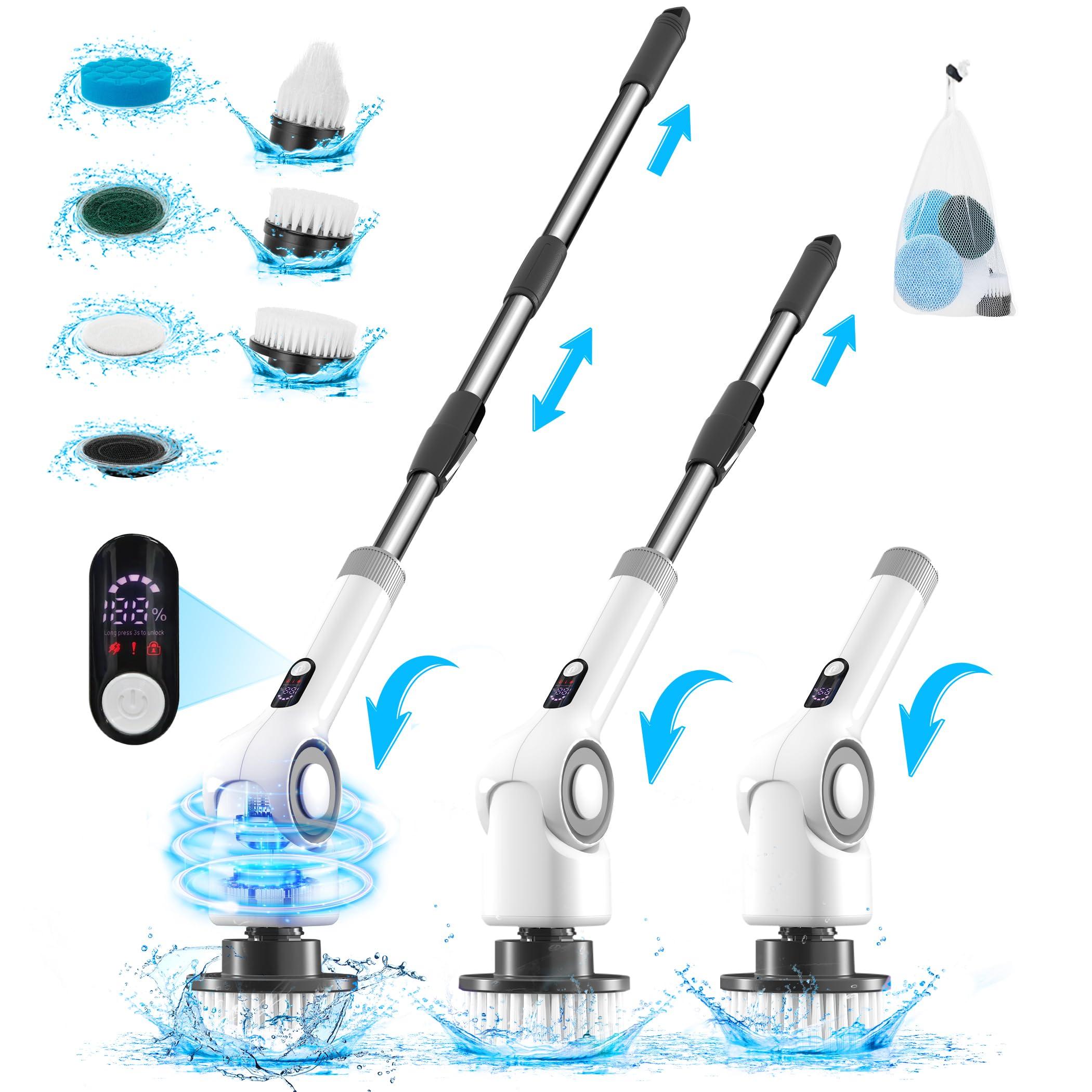 Bamifun Angle Adjustable Electric Spin Scrubber Cordless Cleaning Brush with 3 Speeds Cordless Scrubber Home Electric Scrubber Power Scrubber Shower Scrubber Power Display Screen for Bathroom Kitchen