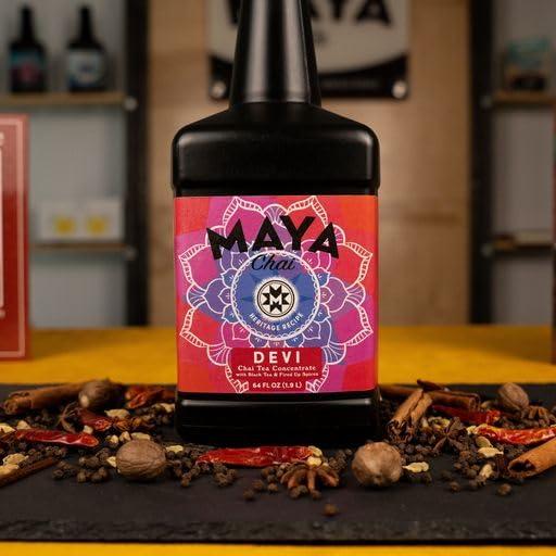 Maya Tea Maya Chai Tea Concentrate, Devi, Extra Spice, Heritage Recipe, 64 Fl Oz, Pack of 4 with 1 Pump