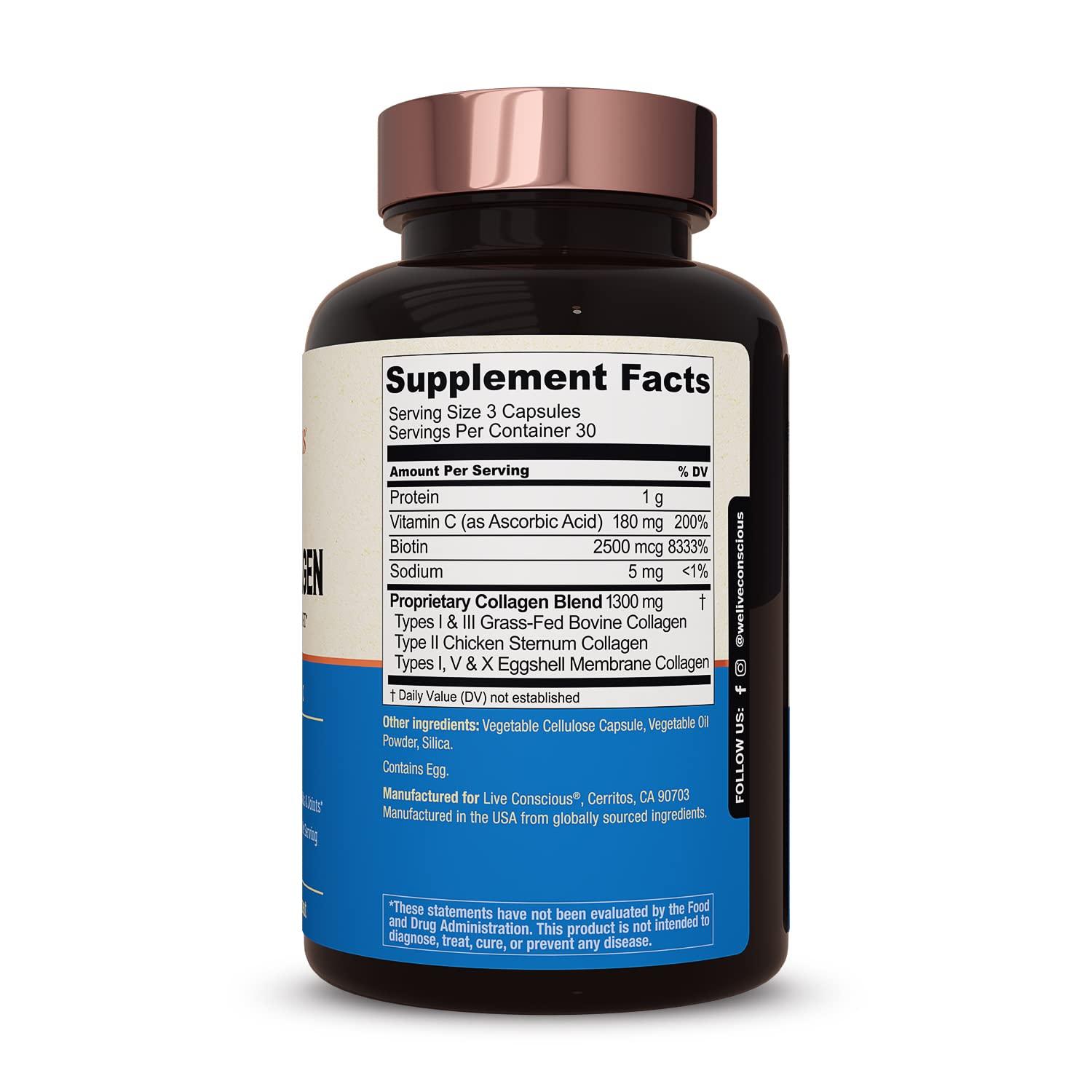 Live Conscious Live Conscious Beyond Collagen Multi Collagen Capsules - Types I, II, III, V & X | Hydrolyzed Blend with Biotin & Vitamin C for Hair, Skin, Nails 90 Capsules (2-Pack)