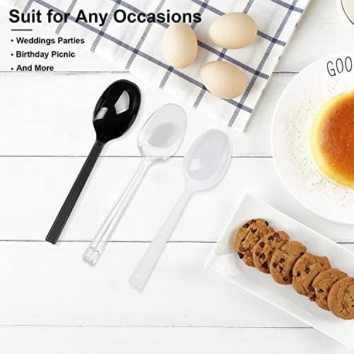 Hokeding 6\" Spoons Plastic Disposable,White Plastic Spoons Individually Wrapped 100 pack for Party Supplies,Reusable Plastic Spoons for Outdoors, Home, Office Use(White)