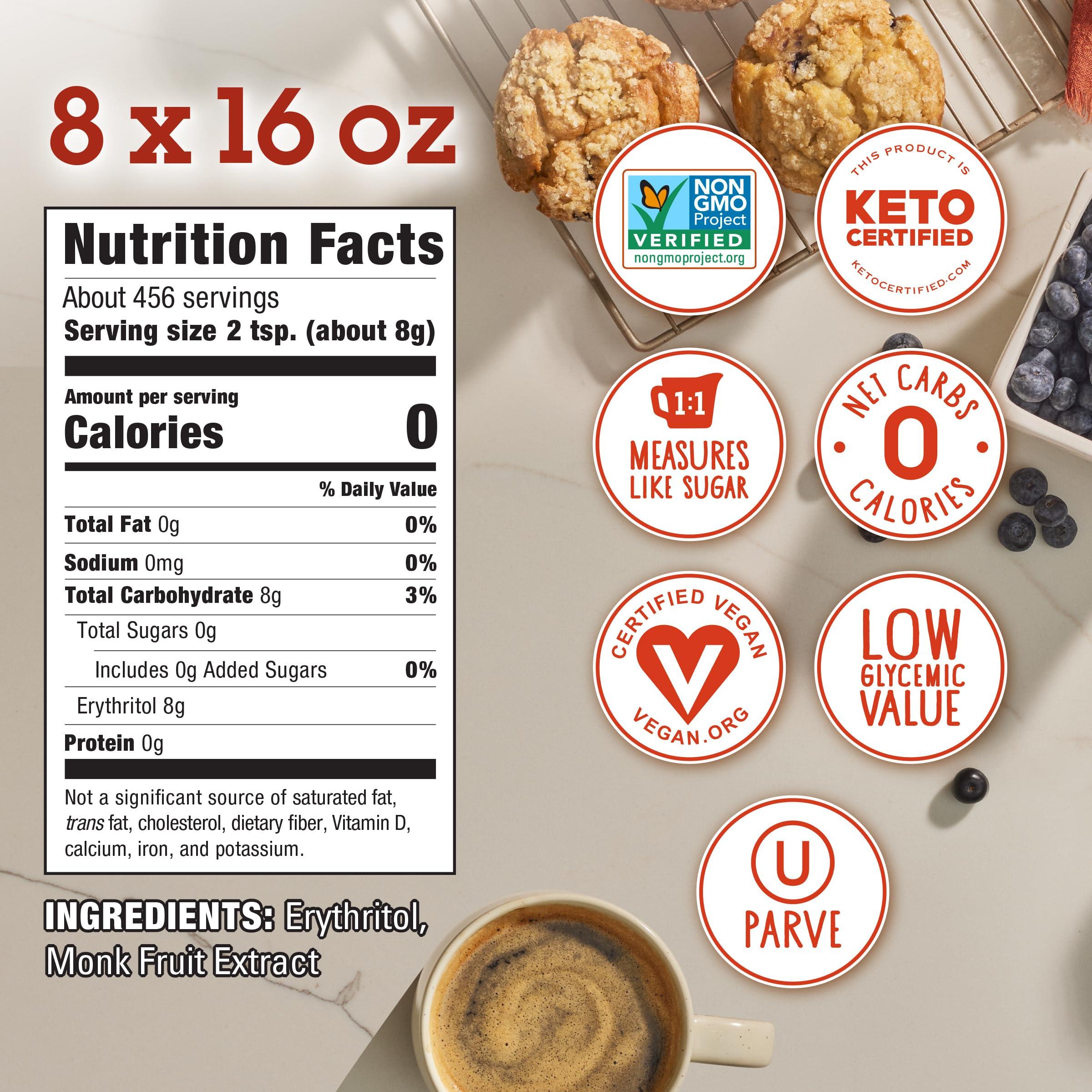 In The Raw MONK FRUIT IN THE RAW, 16 oz Baker\'s Bag, Pack of 8, Natural Monk Fruit Sweetener w/ Erythritol, Sugar-Free