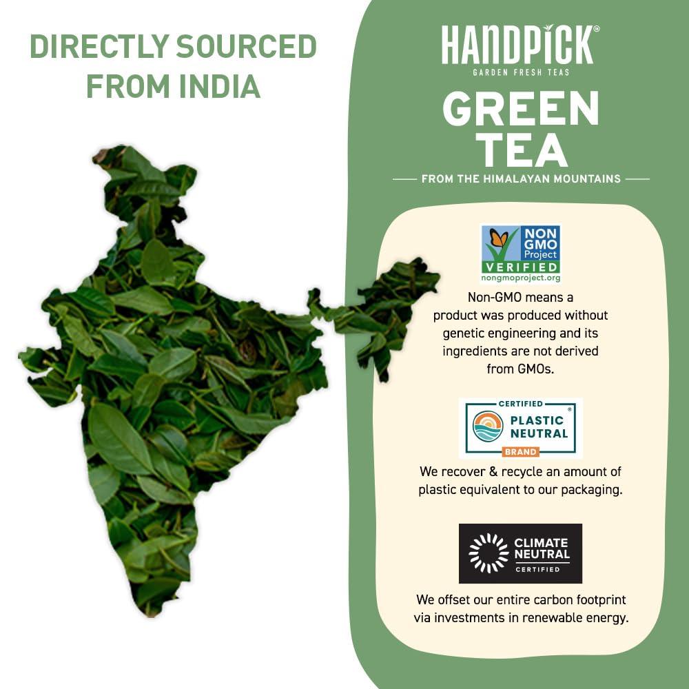 HANDPICK HANDPICK, Organic Green Tea Bags - 100 Eco-Friendly Tea Bags | USDA Organic | Resealable Pack for Freshness | Delicate & Flavory | Direct From India