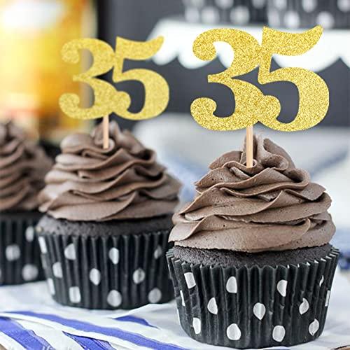 ZHUOWEISM 30 PCS Number 35 Cupcake Toppers Glitter Cheers to 35 years Old Birthday Cupcake Picks 35th Birthday Wedding Anniversary Party Cake Decorations Supplies Gold