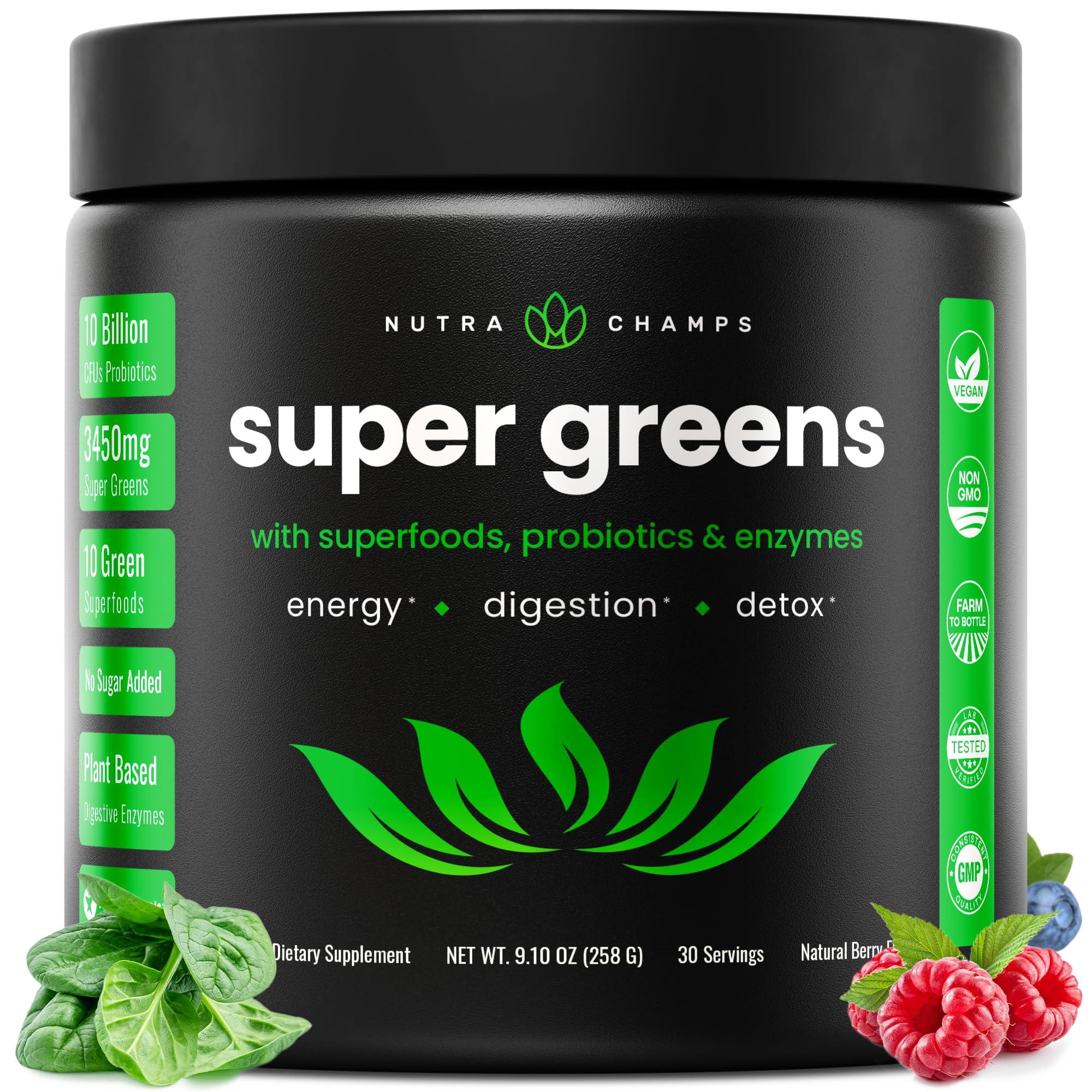 NutraChamps NutraChamps Super Greens Powder Premium Superfood | 20+ Organic Green Veggie Whole Foods | Wheat Grass, Spirulina, Chlorella | Antioxidant, Digestive Enzyme & Probiotic Blends (9.0 Oz, Berry)